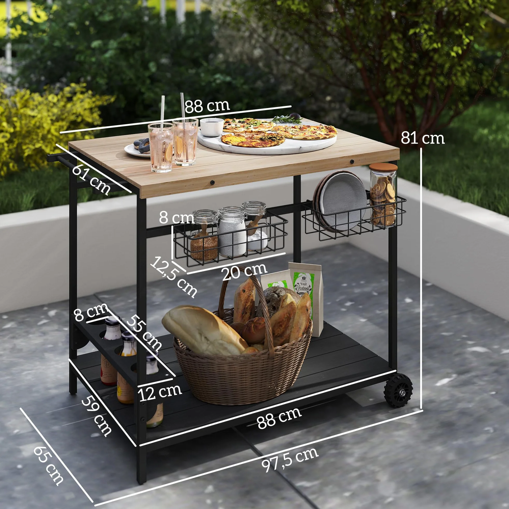 Outsunny Desserte de Jardin Chariot pour plancha Barbecue en Bois et métal 2 Plateaux 2 paniers Porte-Bouteilles 97,5L x 65l x 81H cm Naturel Noir