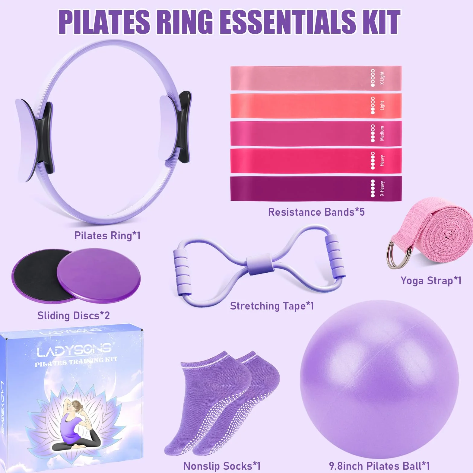 Ensemble d'anneaux de Pilates Kit essentiel avec cercle magique 32 cm, balle, bandes, disques glissants et poster d'entraînement