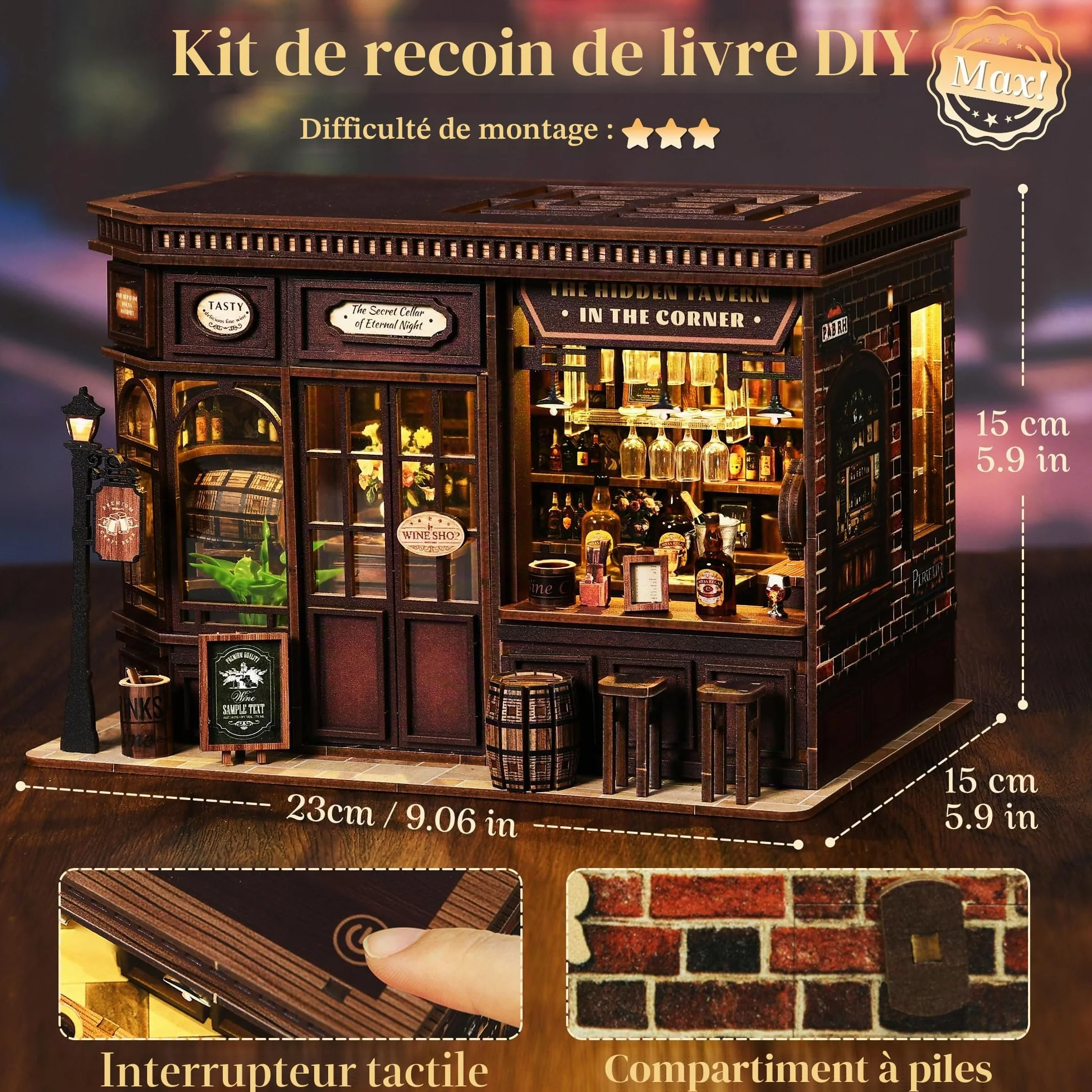 Book Nook Bistrot Kit DIY Miniature Maison Poupées avec LED 3D Serre Livre Cadeau 14+