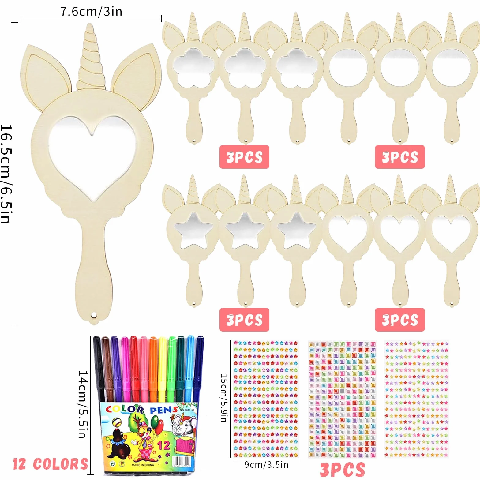 Kit Bricolage Miroir Licorne, Artisanat en Bois à Peindre avec Stylos Aquarelle et Autocollants Diamants, DIY Créatif pour Enfants