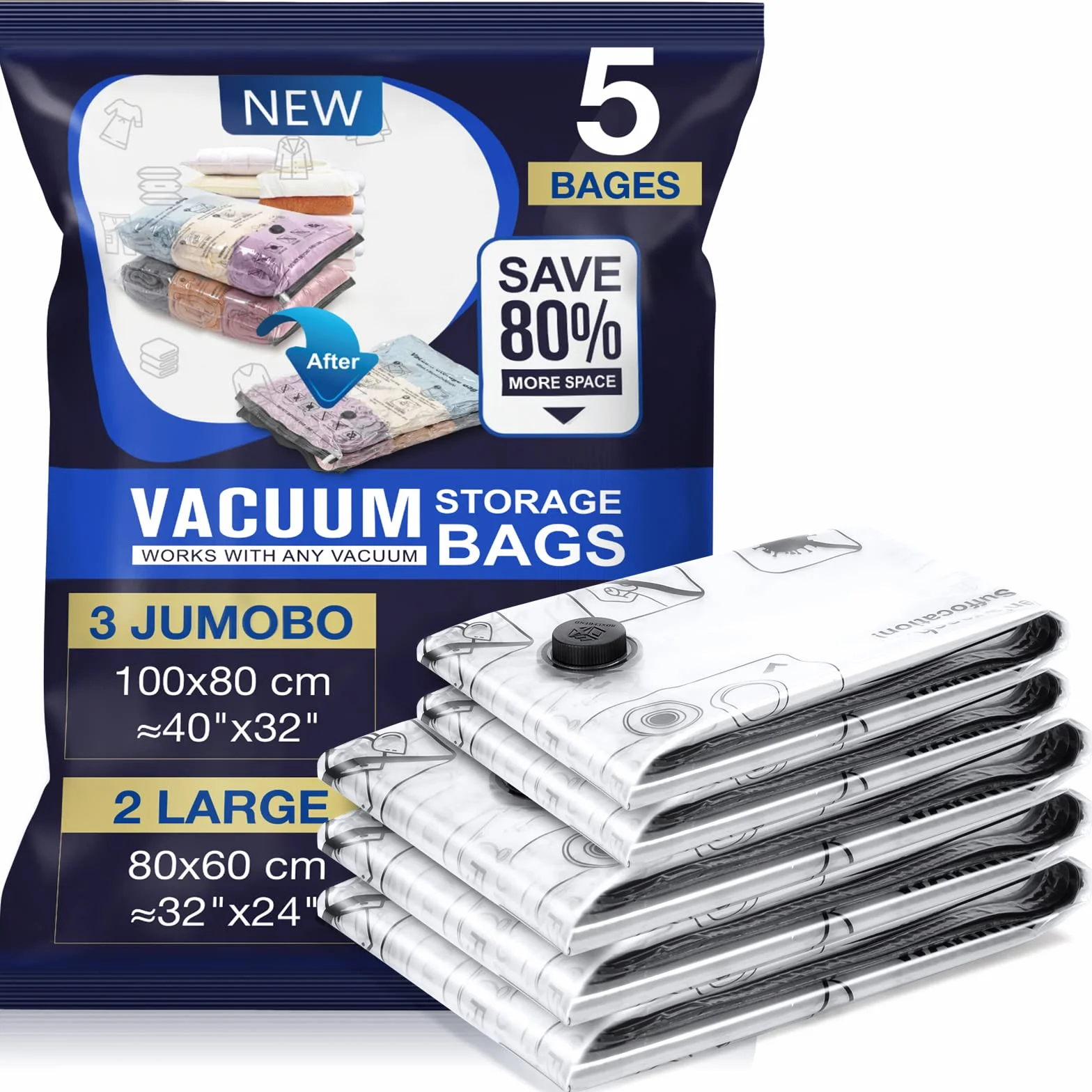 Sac Sous Vide Vetement Aspirateur 5 Pièces 3XL 100X80cm Housse de Rangement Réutilisable