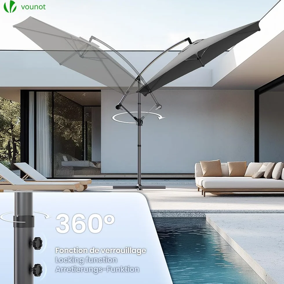 Parasol Déporté Hexagonale 3M Anti-Retour Inclinable Toile 180gr/m2 Anti UV 6 Baleines Acier H235cm Gris Housse Protection