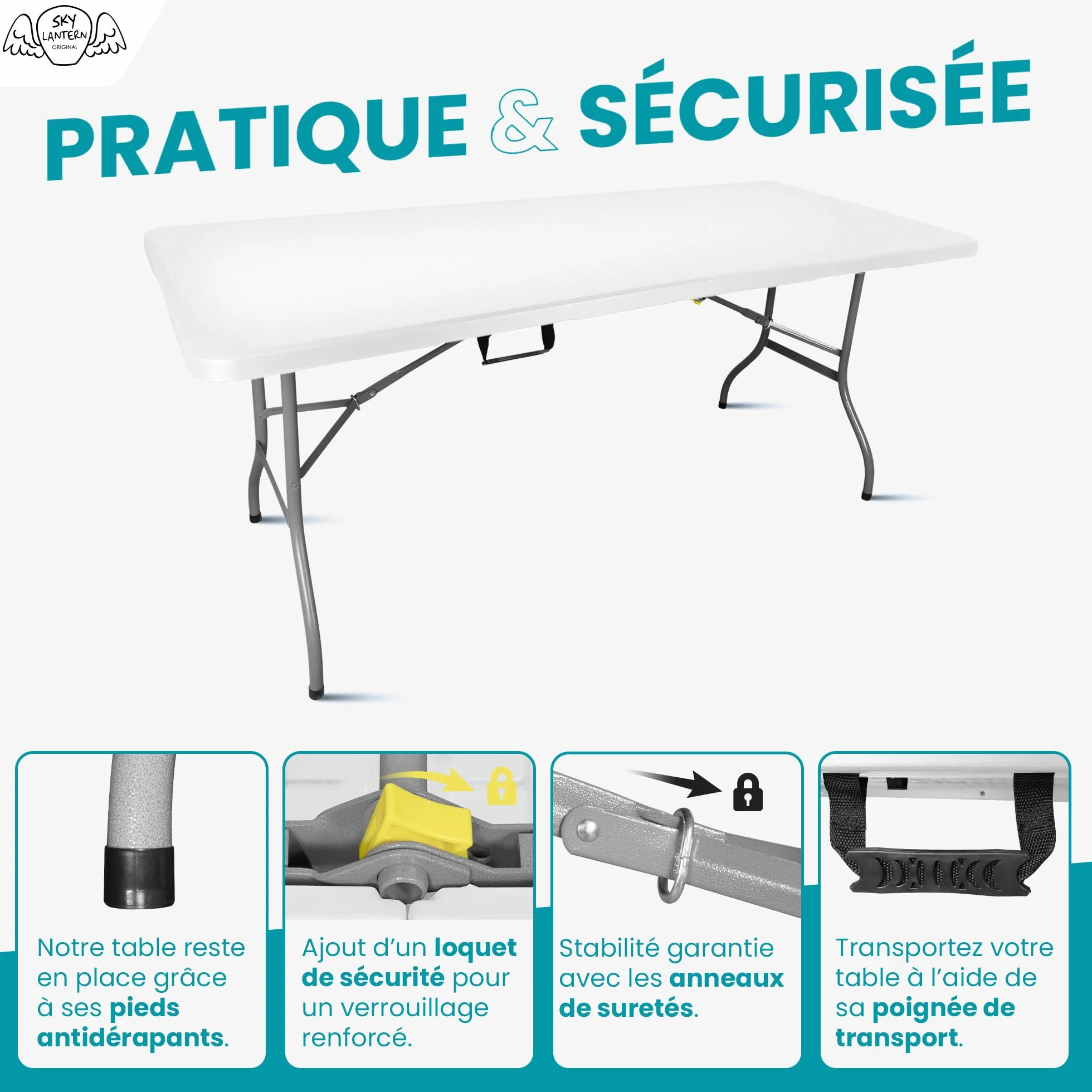 SKYLANTERN® Table Pliante Rectangulaire 180x75x74 cm Gris Clair - Table de Camping 8 Personnes HDPE 3,5 cm - Table de Jardin Pliante