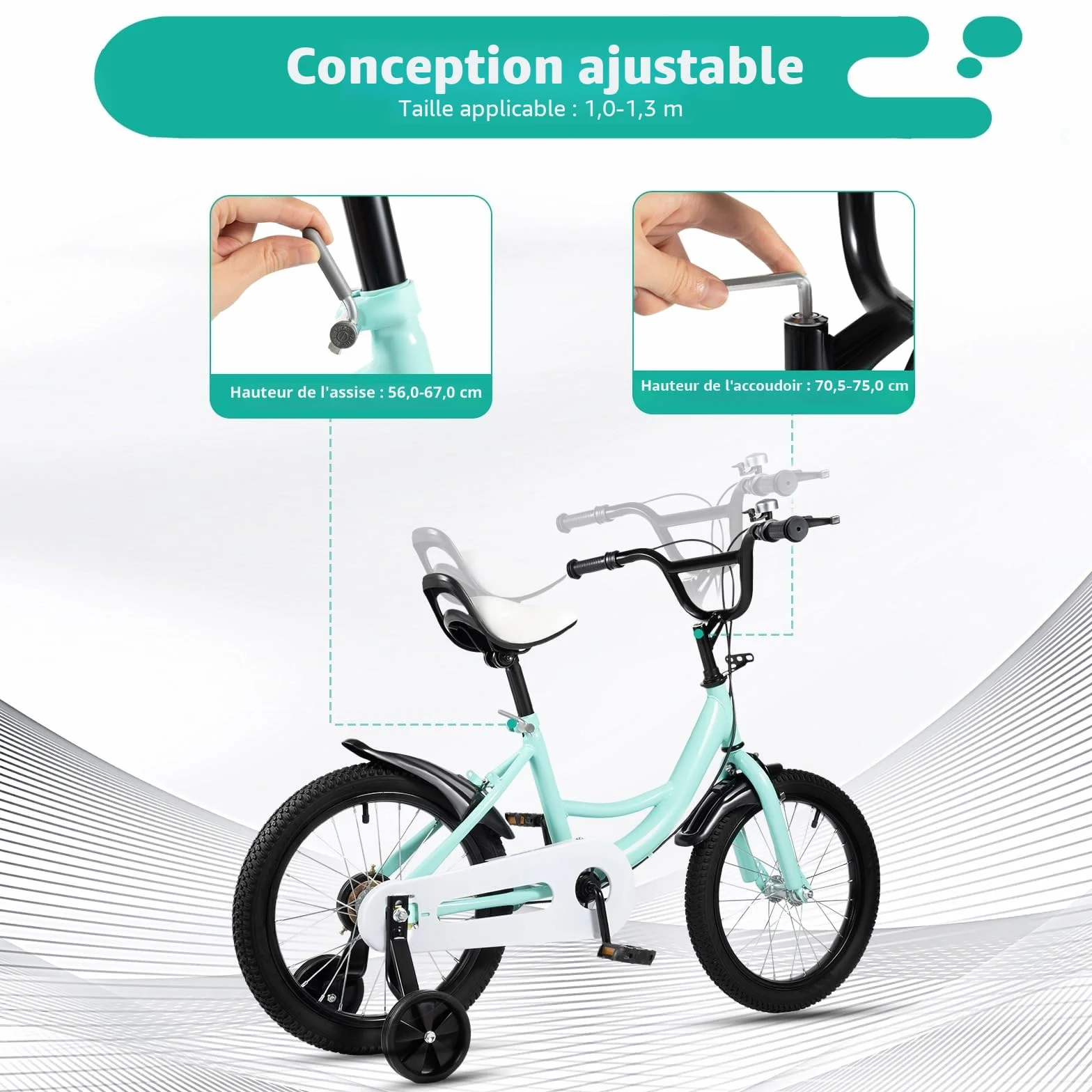 Vélo pour Enfant de 16 Pouces pour Fille Vert, vélo pour Enfants à partir de 5 à 8 Ans (100-135 cm), Cadre en Acier au Carbone, Selle et Guidon réglables en Hauteur, Roues stabilisatrices