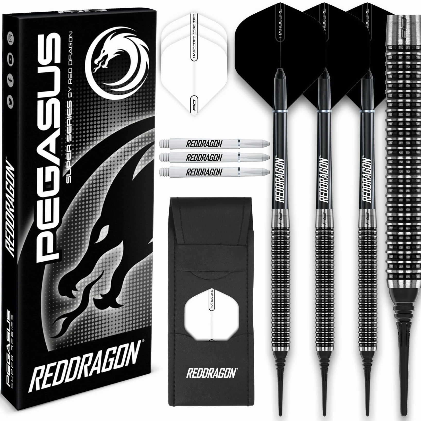 RED DRAGON Pegasus Tungsten Steel Soft Tip Darts Set 18g, 20g - Black Stems, Black Flights