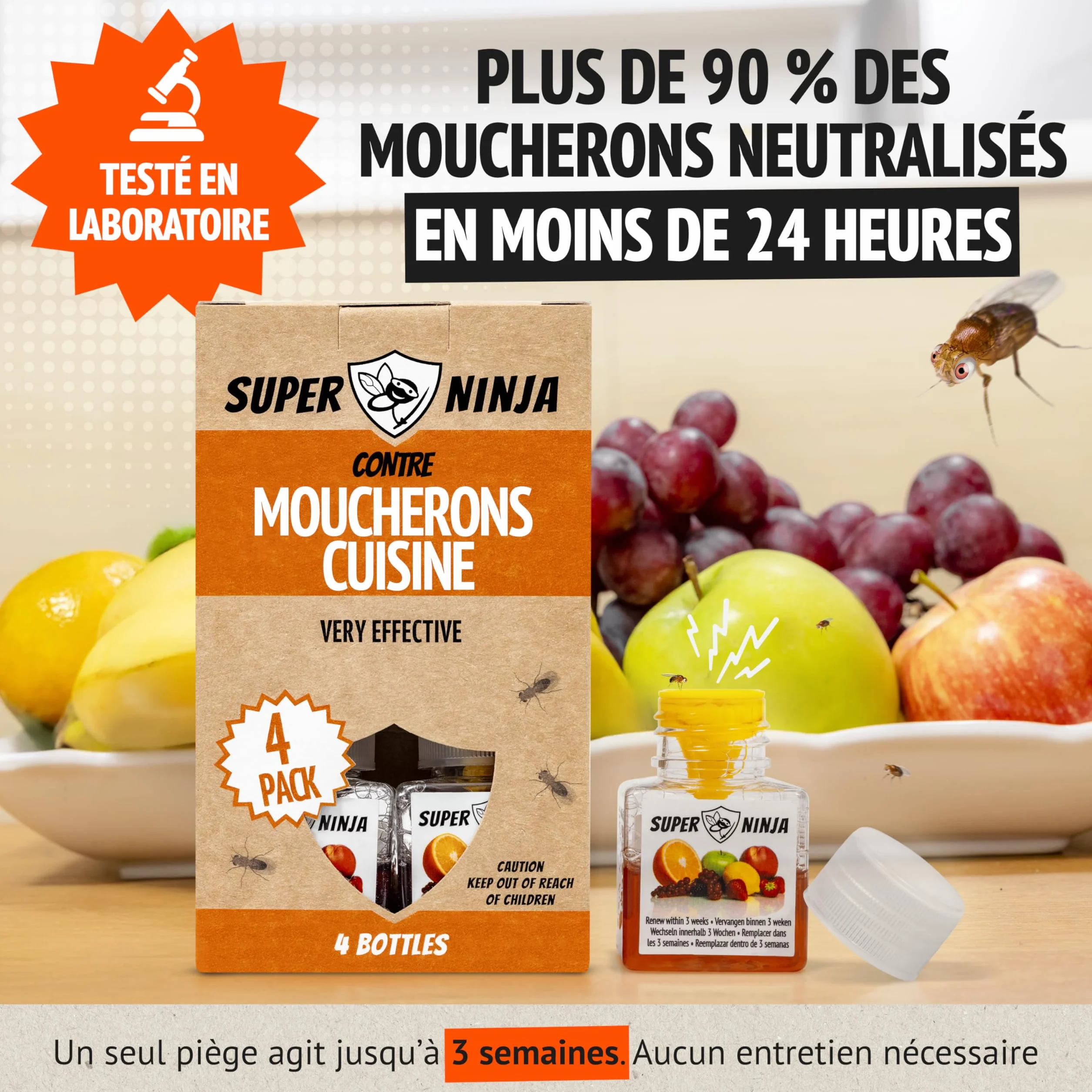 Pièges Anti Moucherons d'Intérieur Cuisine Lot de 4 – 3 Semaines d’Action, Sûr pour Enfants et Animaux