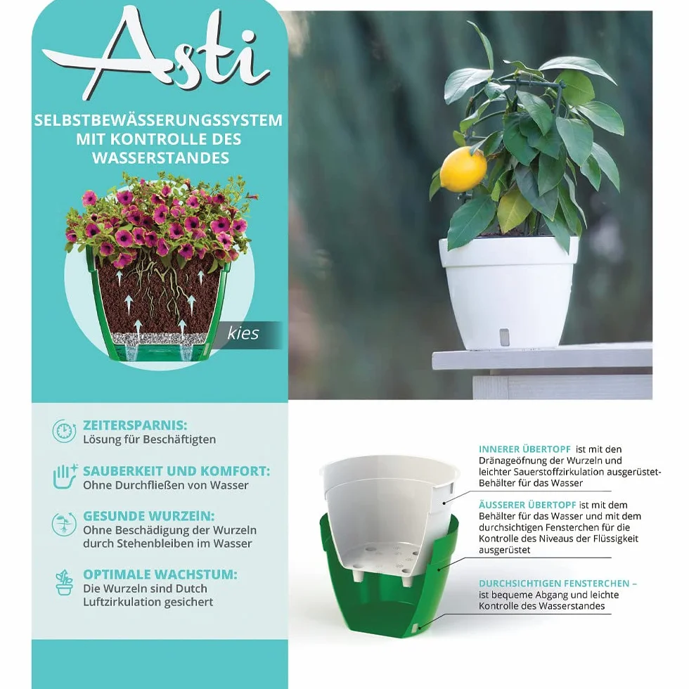 Santino ASTI Pot de Fleurs à Arrosage Automatique 18 cm Auto-Arrosant Indicateur de Niveau d'eau Blanc/Noir