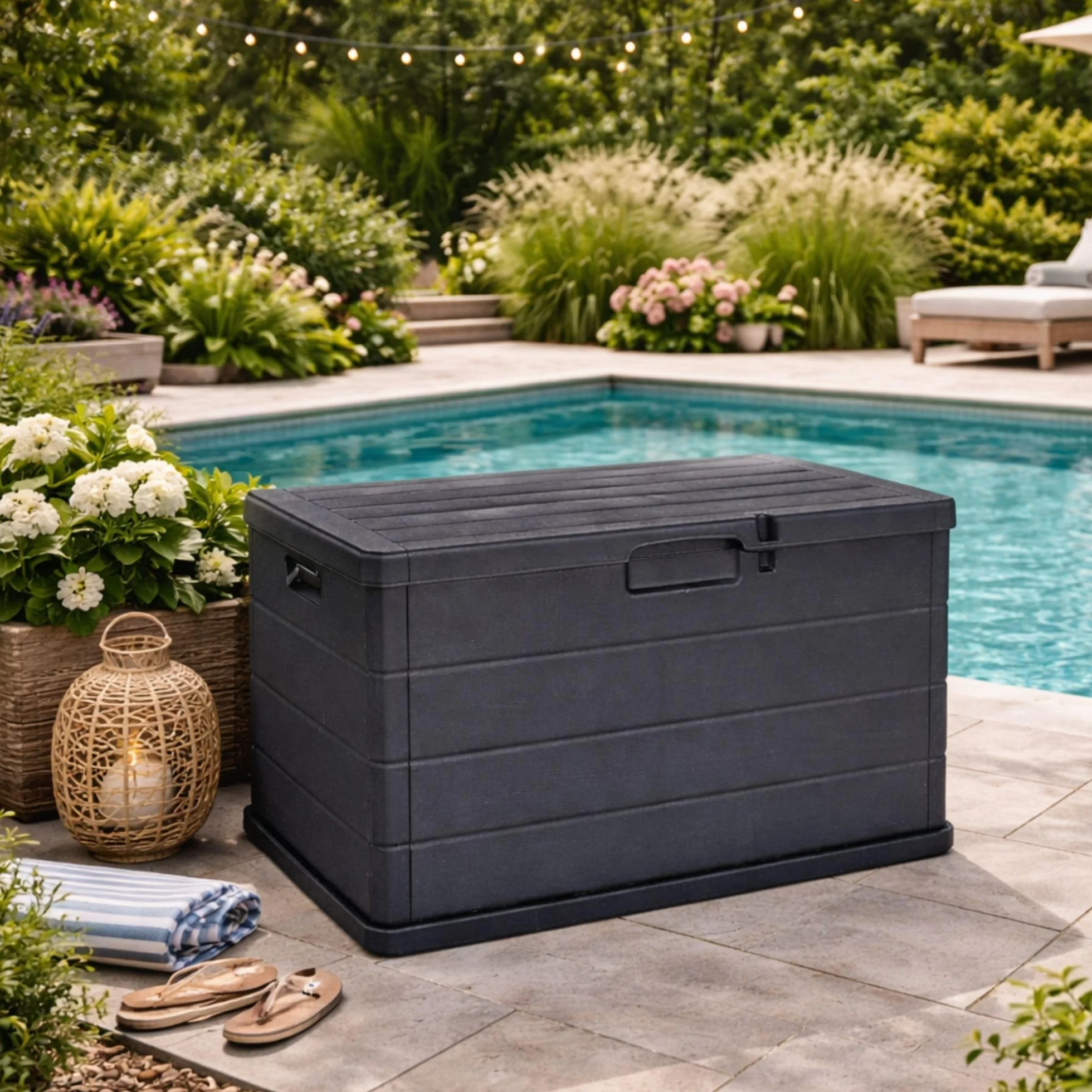 Maury's Coffre Cassapanca 170 Litres Effet Bois, Conteneur de Stockage en Résine Anthracite 78x55x52 cm