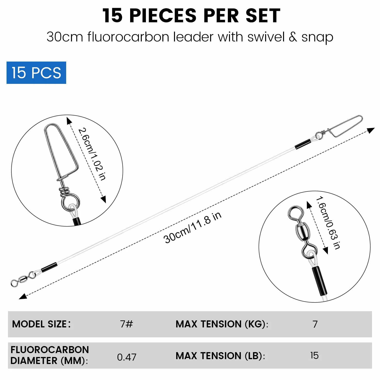 Lot de 15 leaders en fluorocarbone avec émerillon et mousqueton - Transparent - Pour brochet, truite, pêche à la pêche - 30 cm