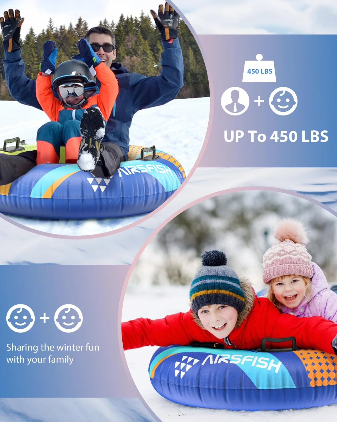 Tube à Neige Gonflable Airsfish avec Ligne de remorquage, Housse Durable, matériau résistant à l'usure et au Gel, Tubes de Luge pour Sports d'hiver pour Enfants et Adultes