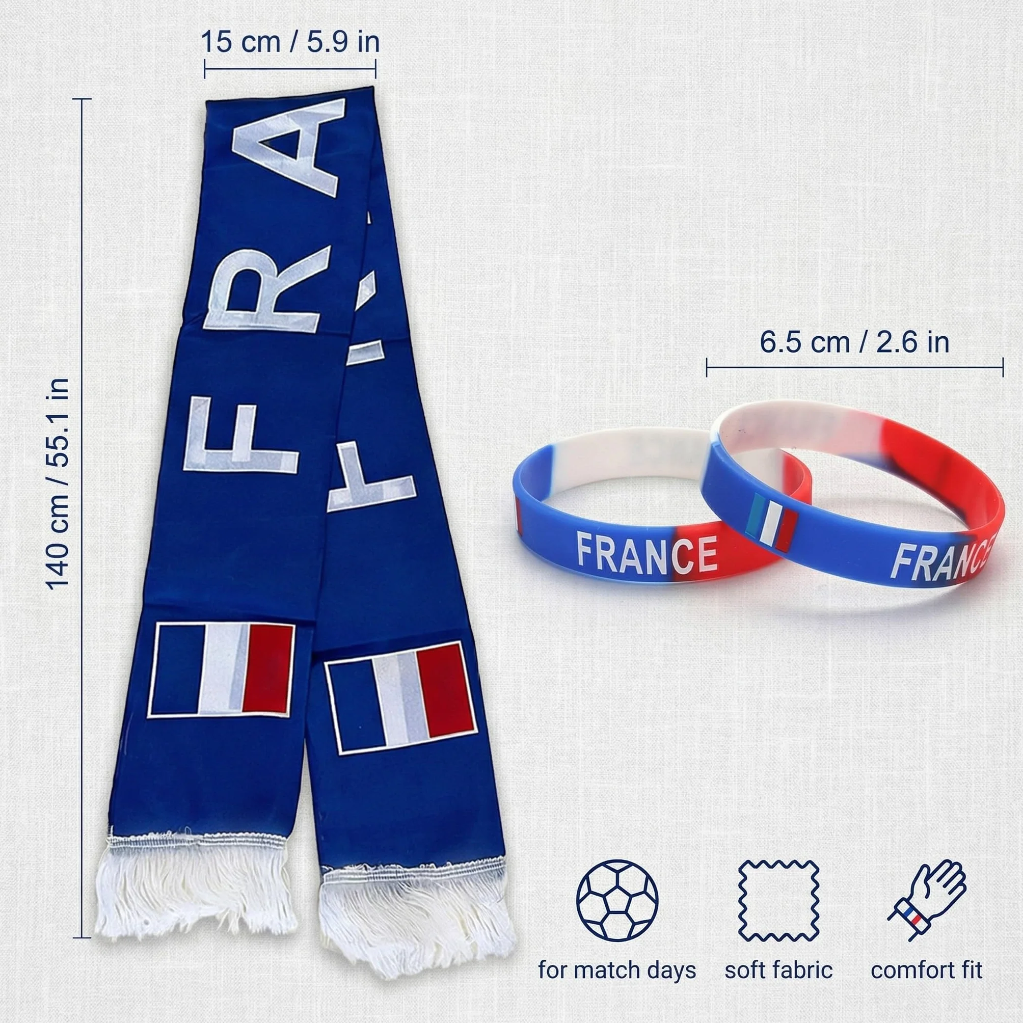 Écharpe de Supporter avec 2 Bracelets en Silicone, Kit Accessoire Bleu Blanc Rouge pour Match de Football et Rugby, Idée Cadeau pour Supporters Homme et Enfant