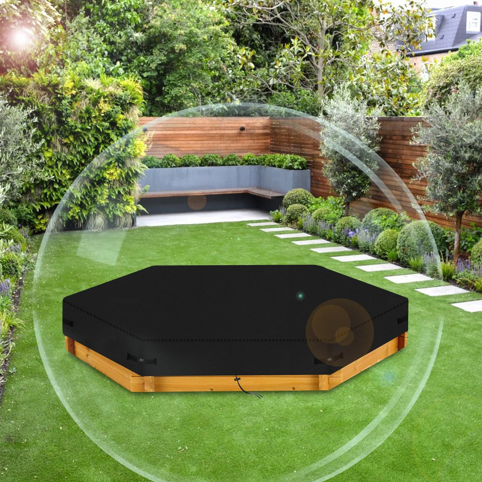 Housse de Protection pour Bac à Sable Hexagonale Tissu Oxford 600D Imperméable Noir 180x150x20CM