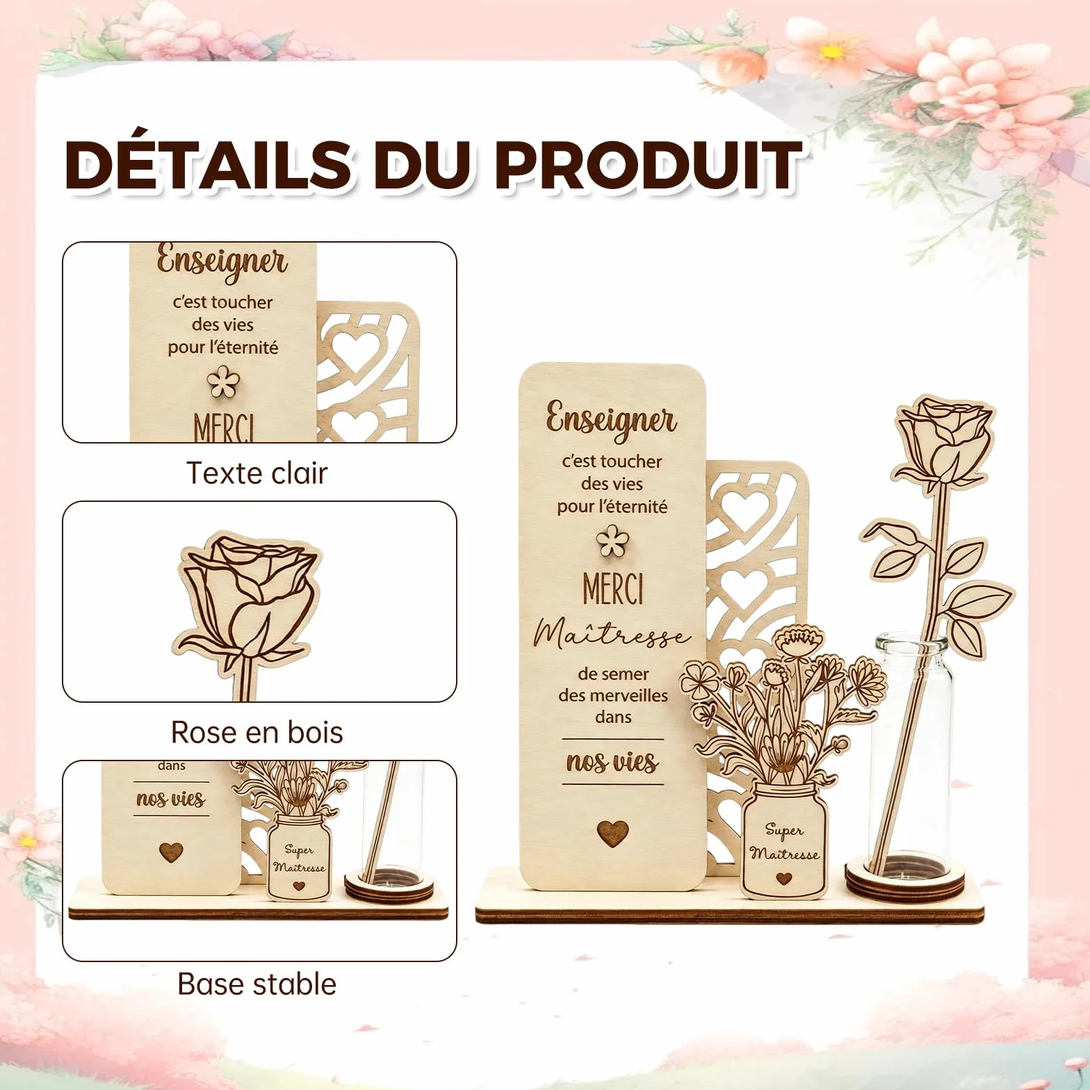 Plaque Décorative En Bois Avec Vase Et Rose Cadeau Maitresse D'École Original Souvenir Merci Maitresse Bureau Classe