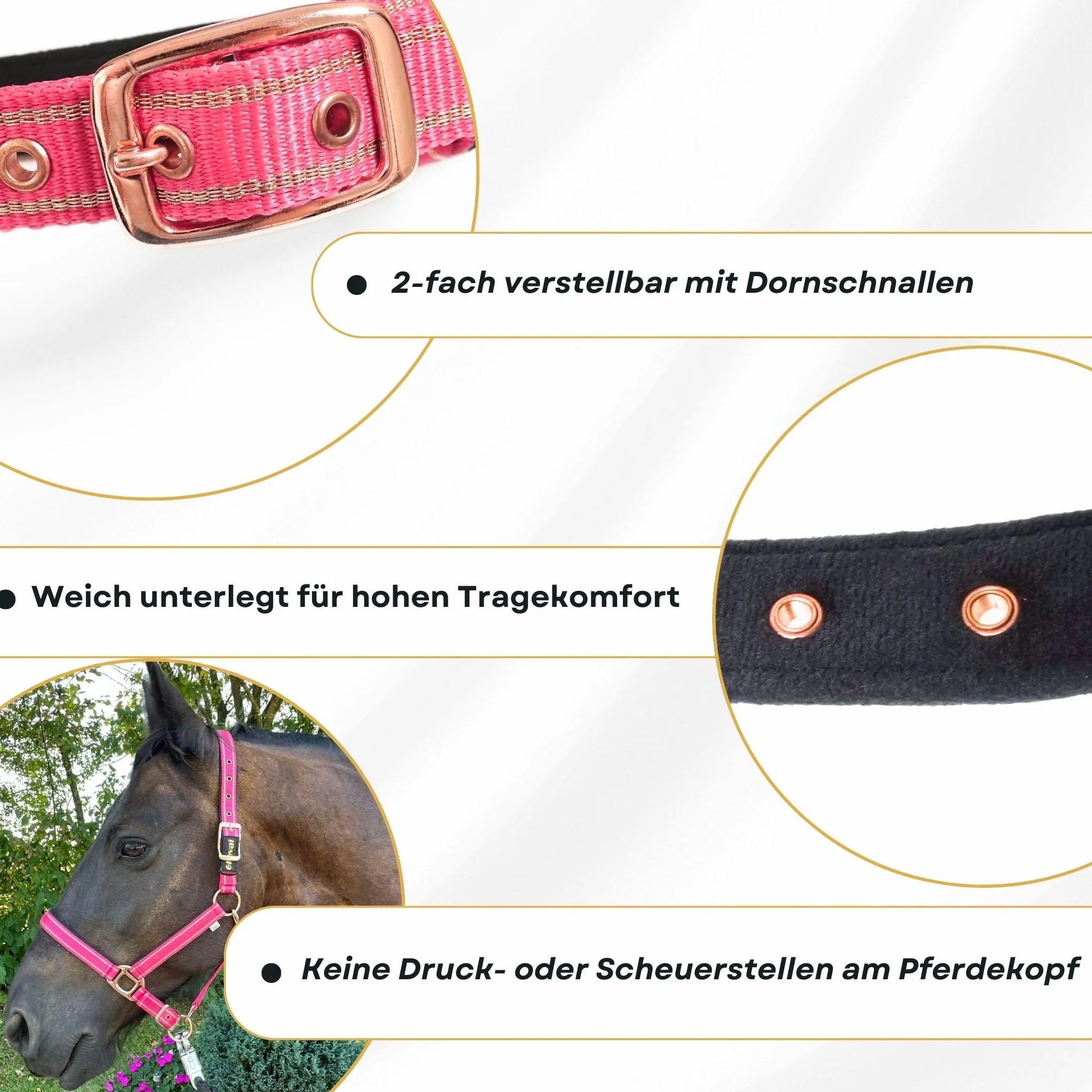 Licol pour chevaux avec paillettes en or rose, licol cheval noir et rose, 2 positions de réglage (rose or rose, poney)