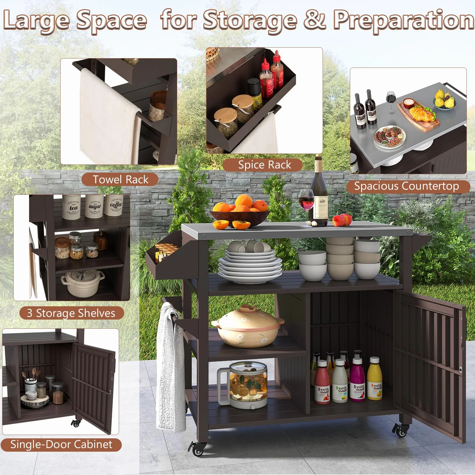 KOMFOTTEU Chariot Barbecue Acier Inoxydable avec Armoire Porte 3 Étagères Ouvertes 117 x 50 x 87 cm