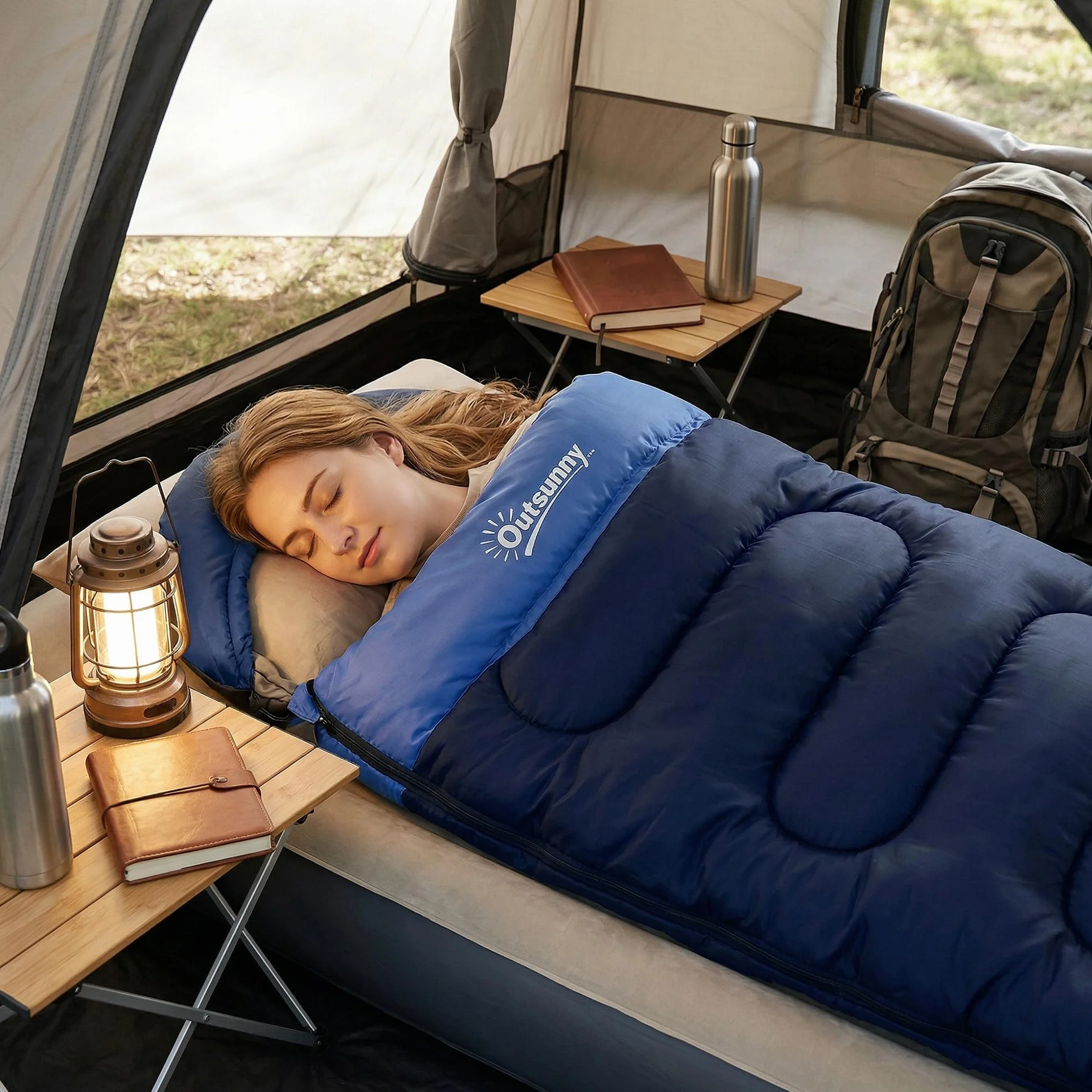 Outsunny Sac de Couchage Adulte Coton Creux 300 g/m² pour Camping Randonnée