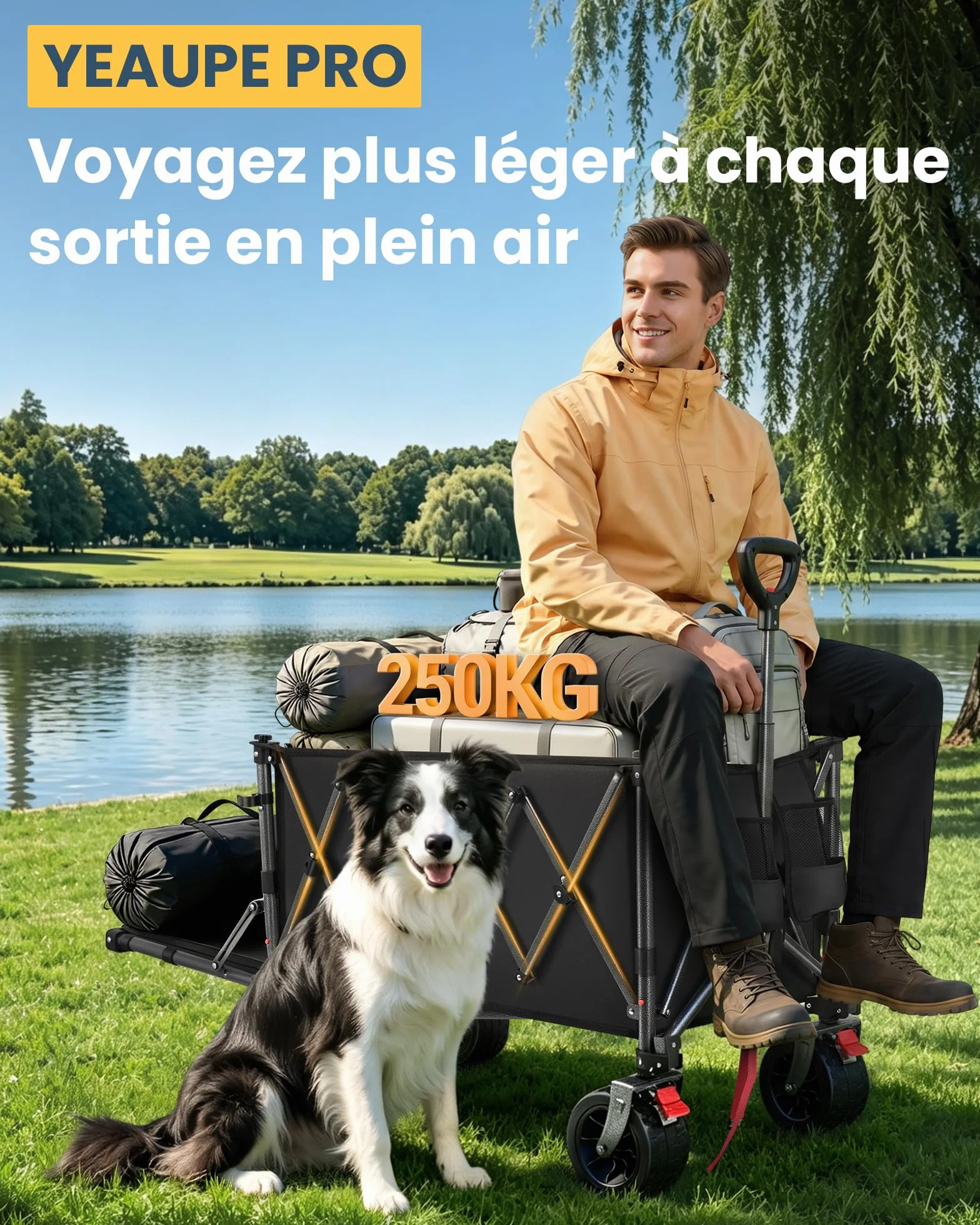 Chariot Pliable 260L 250KG, Chariot de Plage Tout-Terrain Léger 13KG, Roues Large 17cm