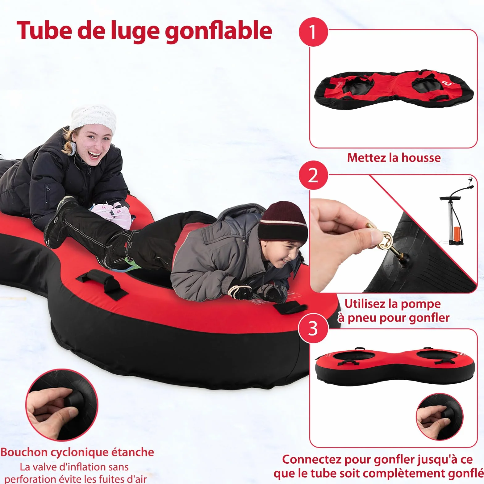 COSTWAY Luge Bouée Gonflable, Traîneau à Neige Robuste en Caoutchouc avec Fond Rigide Sangle de Remorquage Siège Rembourré Pompe de Gonflage, pour Enfants Adultes