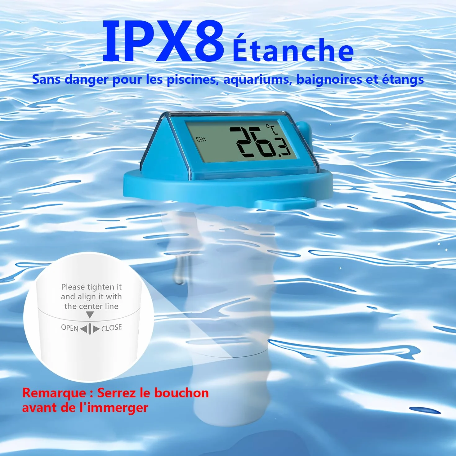 KETOTEK Thermomètre de piscine sans fil IPX8 étanche numérique flottant