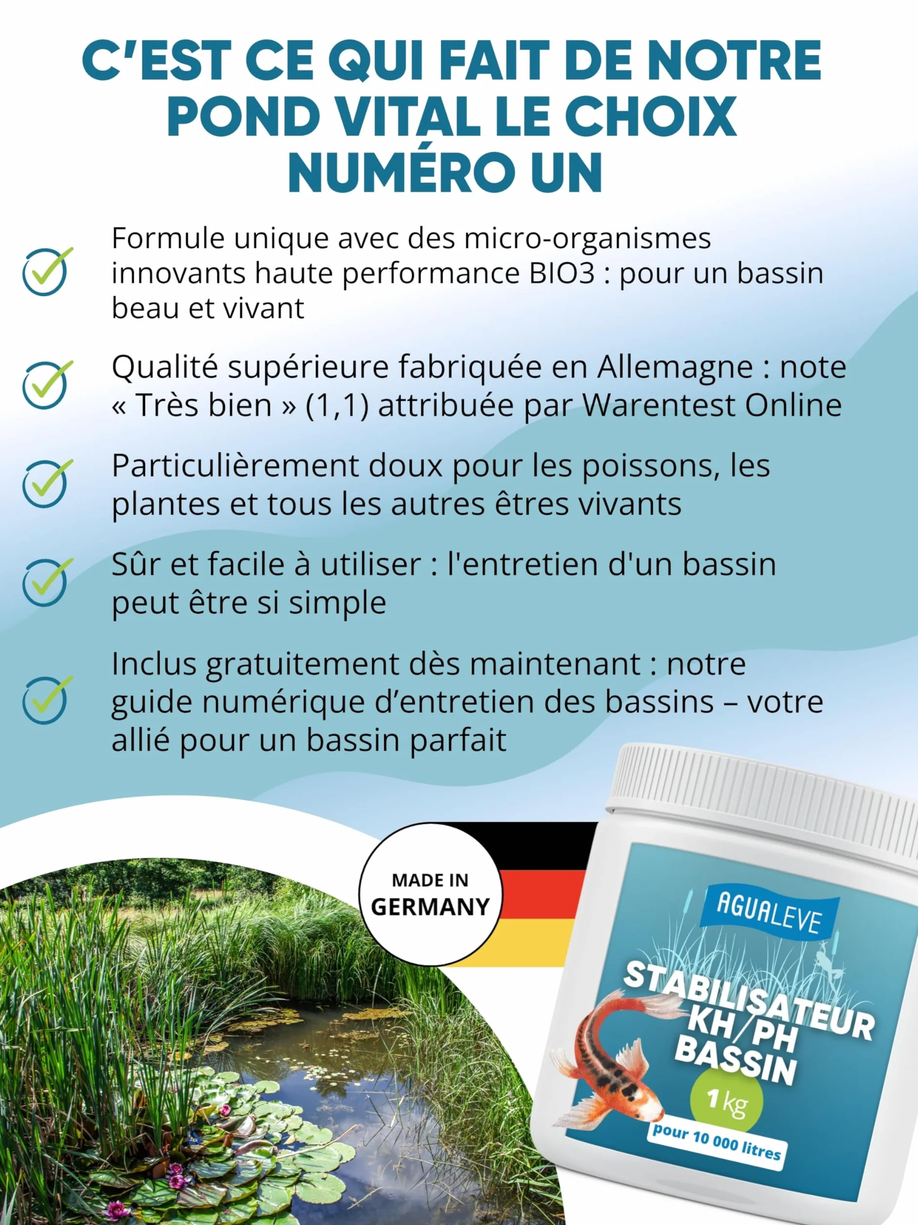 AGUALEVE® Teichvital 1,0 kg | Revitalisant pour étangs à poissons | Microgranules BIO3 | Fabriqué en Allemagne | Pour 25 000 l