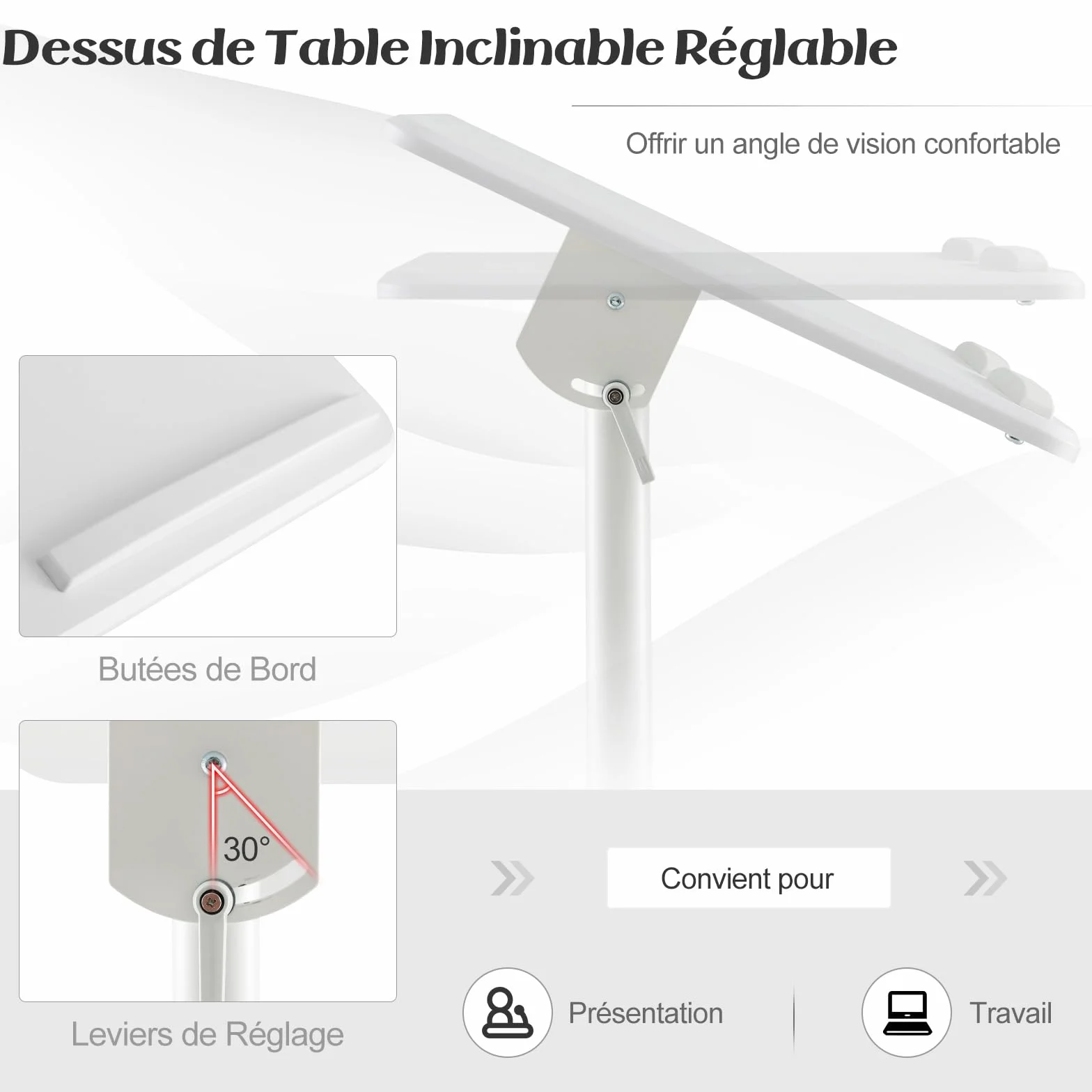 COSTWAY Pupitre Debout Mobile 104,5-128,5 cm Bureau Incliné Réglable avec Rebord et Étagère (Blanc)