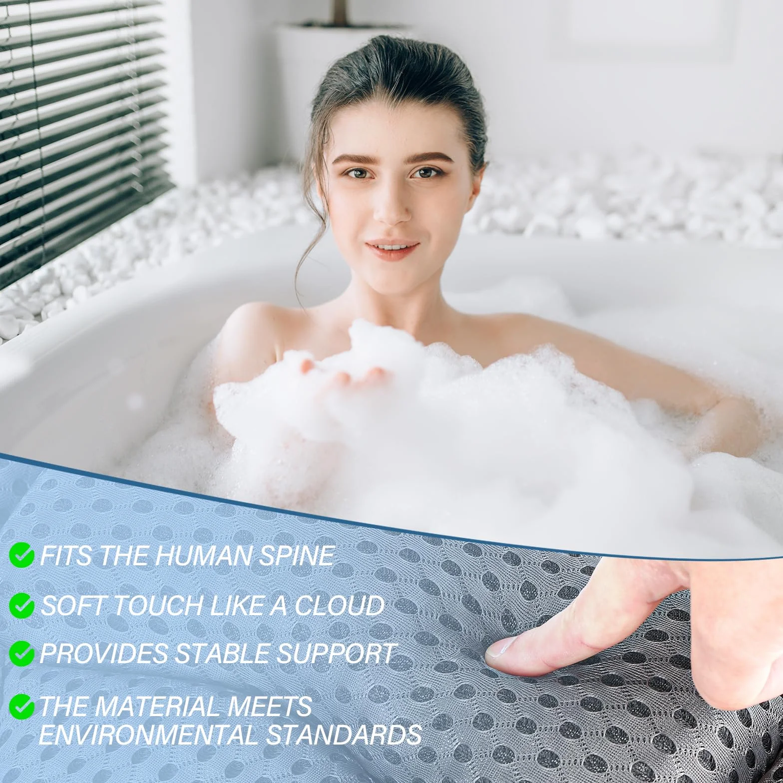 Oreiller de Bain avec 2 Ventouses Puissantes, Coussin Air Mesh 4D pour Ergonomique Dos Cou