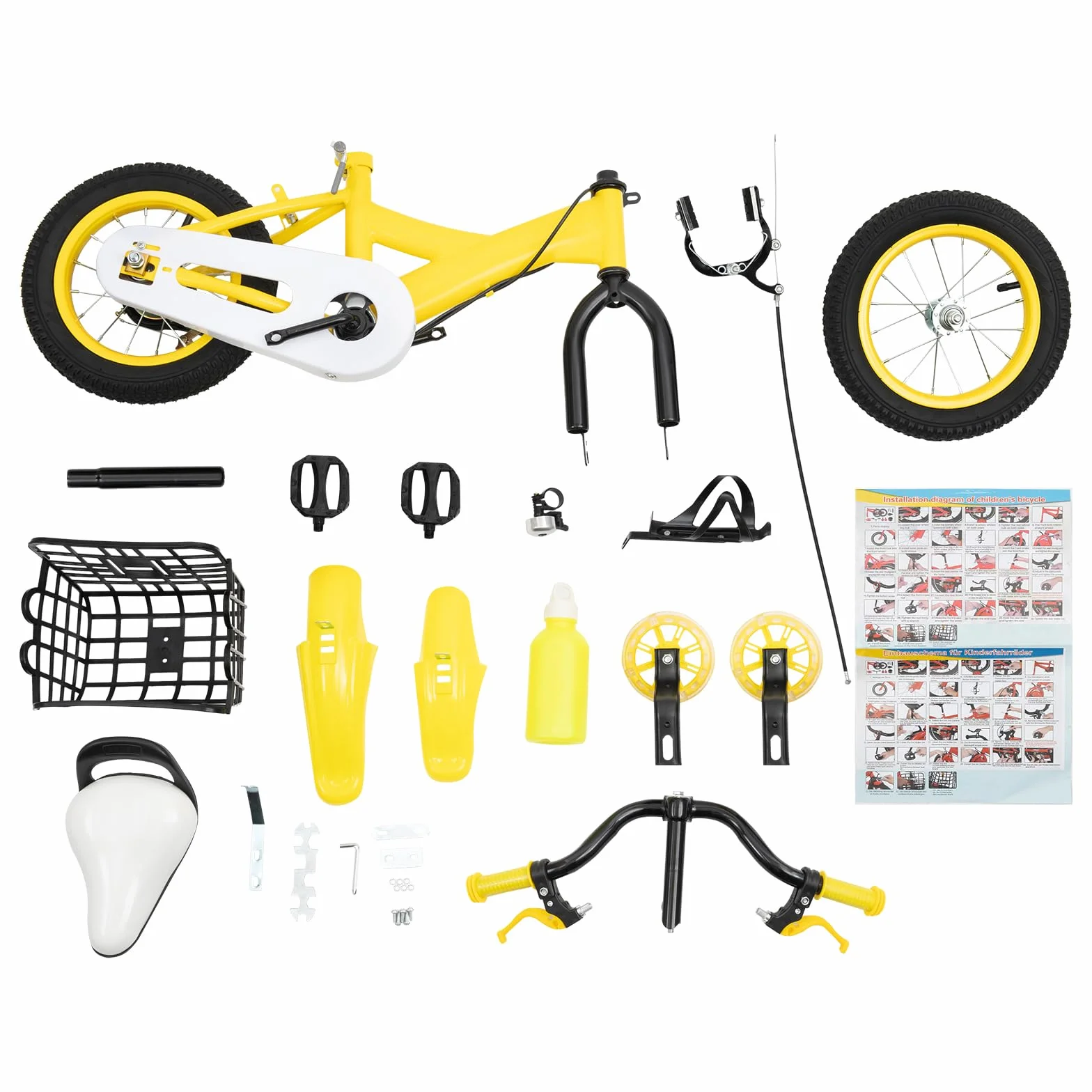 Vélo Enfant 12 Pouces Jaune pour garçons et Filles à partir de 2 à 5 Ans avec Roues stabilisatrices Selle réglable en Hauteur Guidon Panier Porte-Bouteille Double Frein Acier vélo Enfant vélo