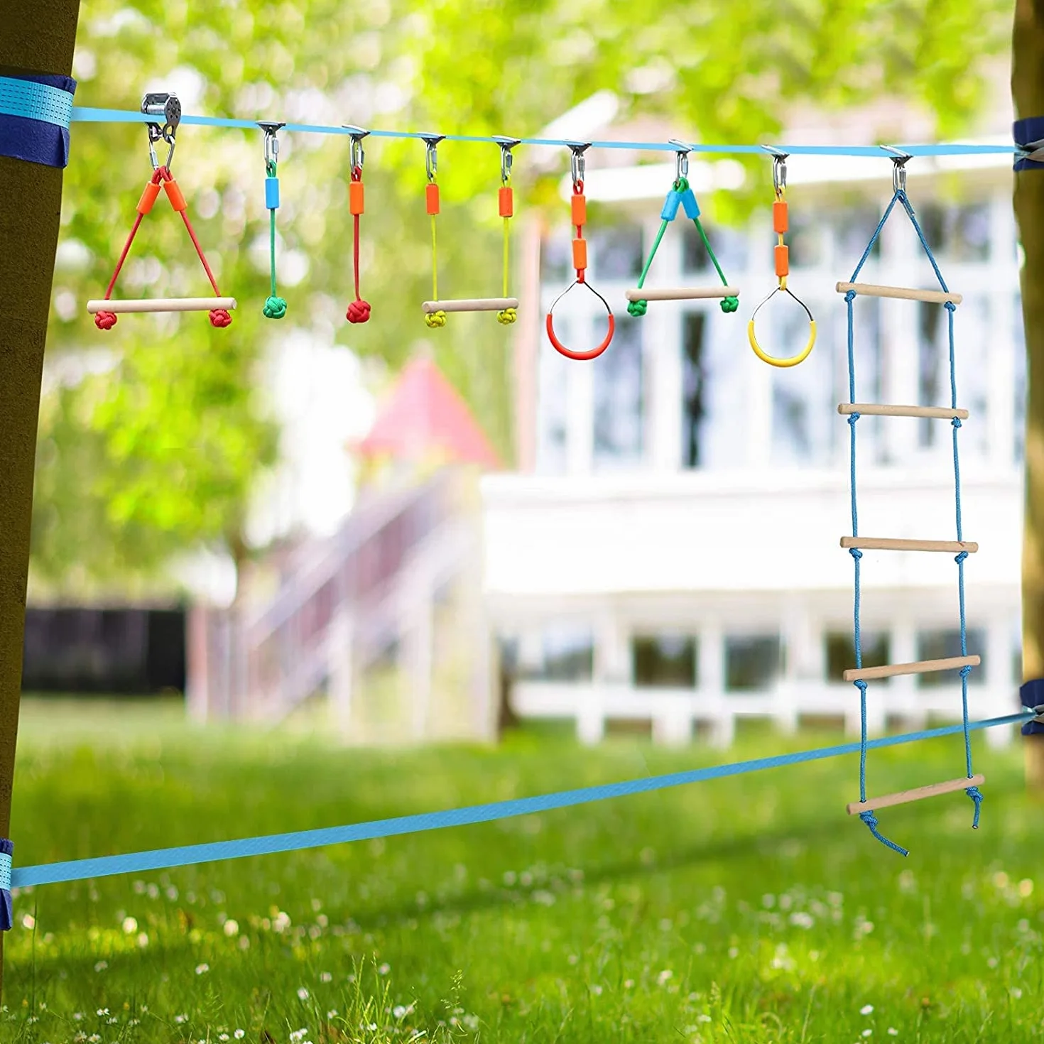Slackline Kit Parcours d'obstacles à Suspendre Mixte, Slackline Monkey Bar Kit, Stage d'entraînement d'obstacles, Obstacle Cours d'escalade pour Enfants (Multicouleur)