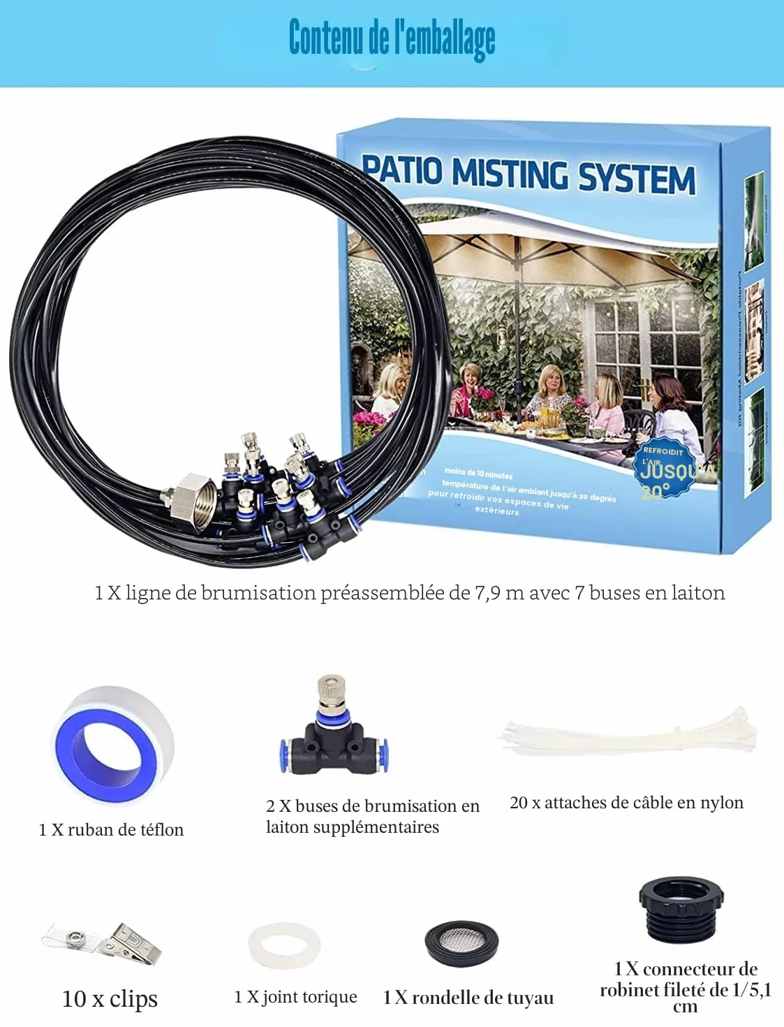 Tesmotor Kit de Refroidissement de Pulvérisation 8M, Système de Brumisation Extérieur avec 9 Buses en Laiton