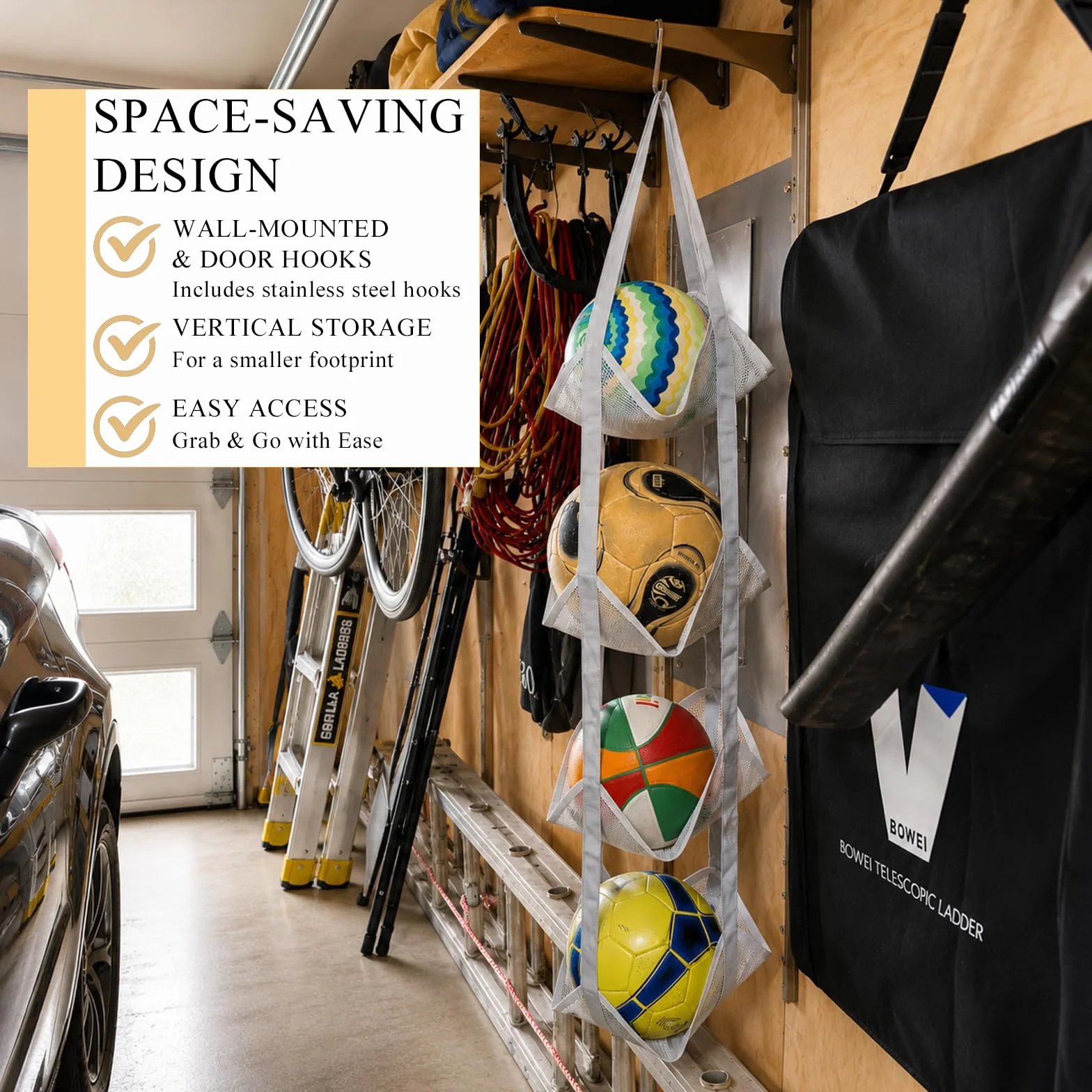 ONEJI Organisateur de Ballons en Filet à 4 Niveaux, Support de Ballons Vertical à Fixation sur Porte pour Basket, Football, Volleyball, Jouets, Rangement Gain de Place pour Garage, Maison et sous-Sol