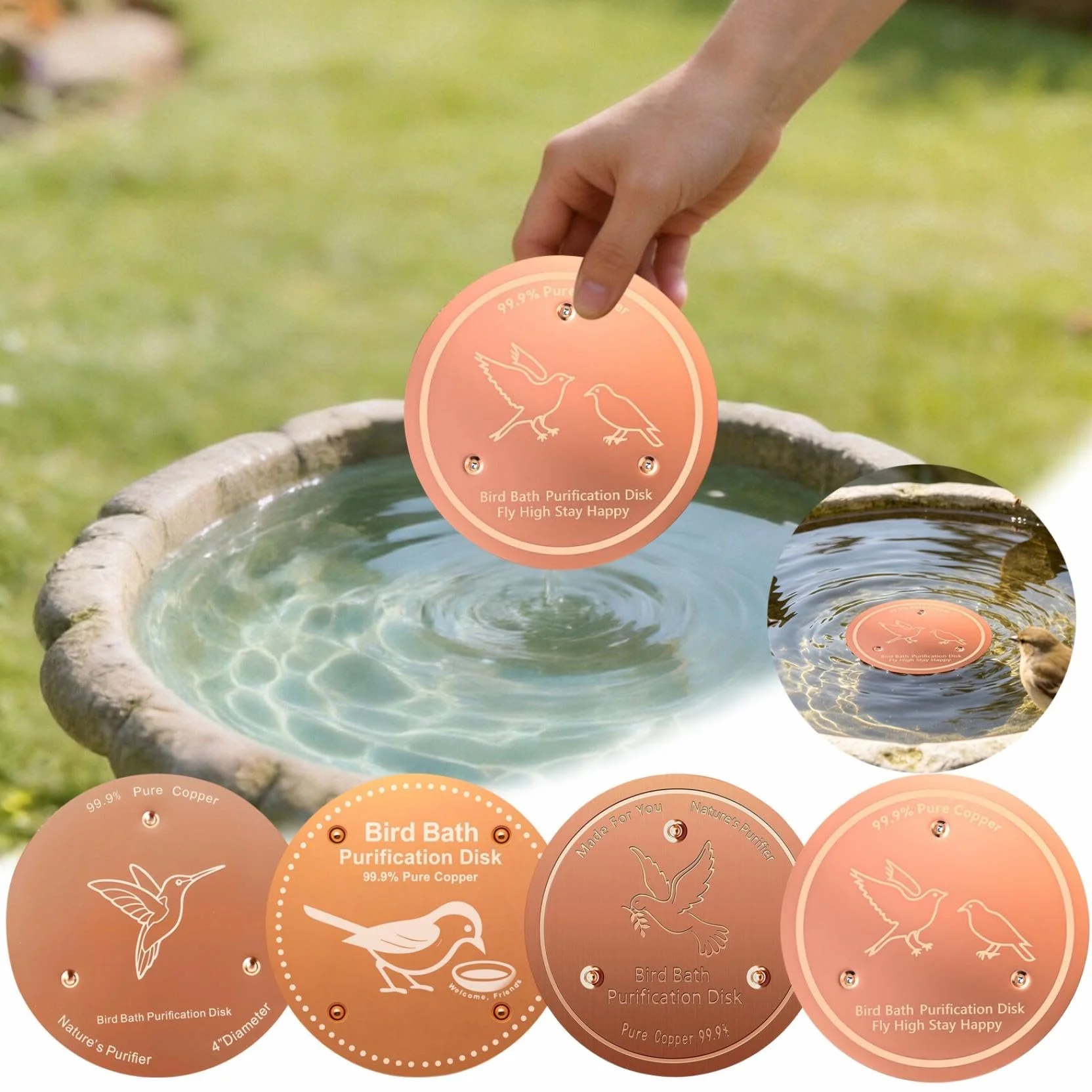 Lot de 2 disques de purification en cuivre pour bain d'oiseaux avec support à trois points
