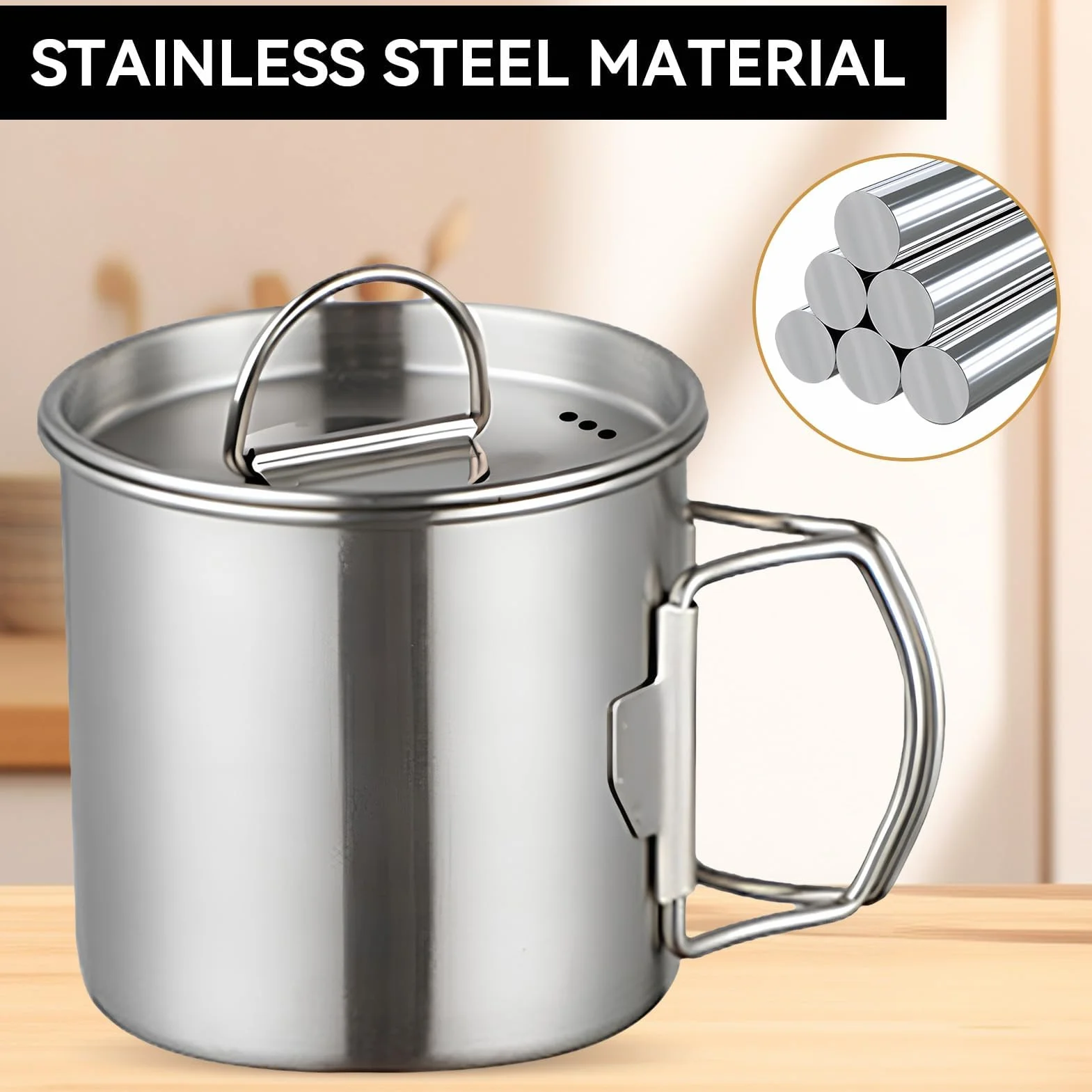 HERCHR 350ml Tasse de camping, tasse à eau en acier inoxydable avec poignées pliables et couvercle portable et résistante à la chaleur tasse à café isotherme pour le camping en plein air