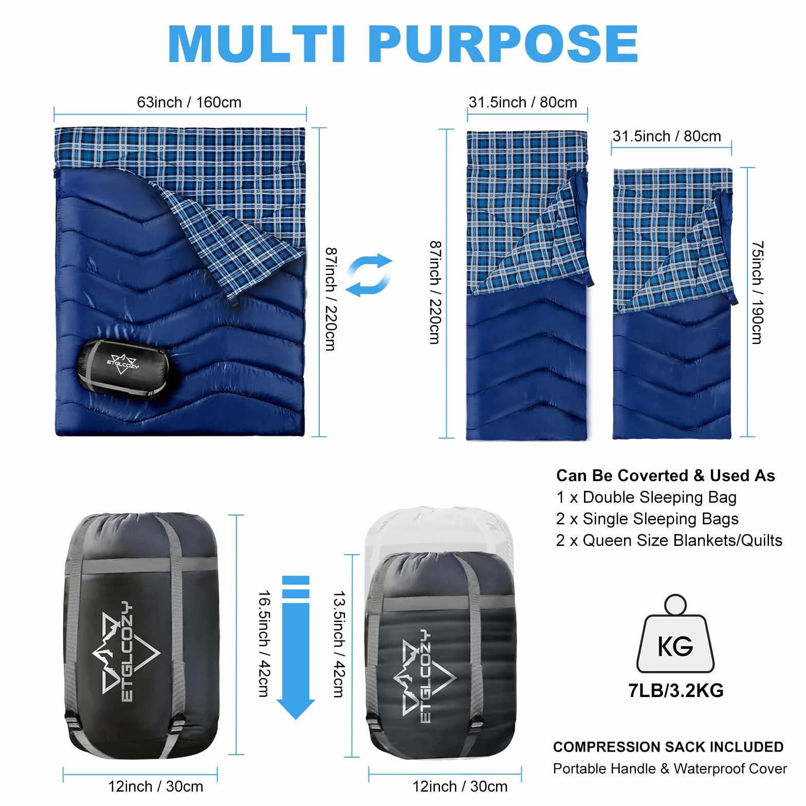 Sac de Couchage Double Grande Taille en Flanelle - 3 Saisons Léger - Famille/Couple - Idéal Camping, Extérieur & Intérieur - Sac de Compression Inclus