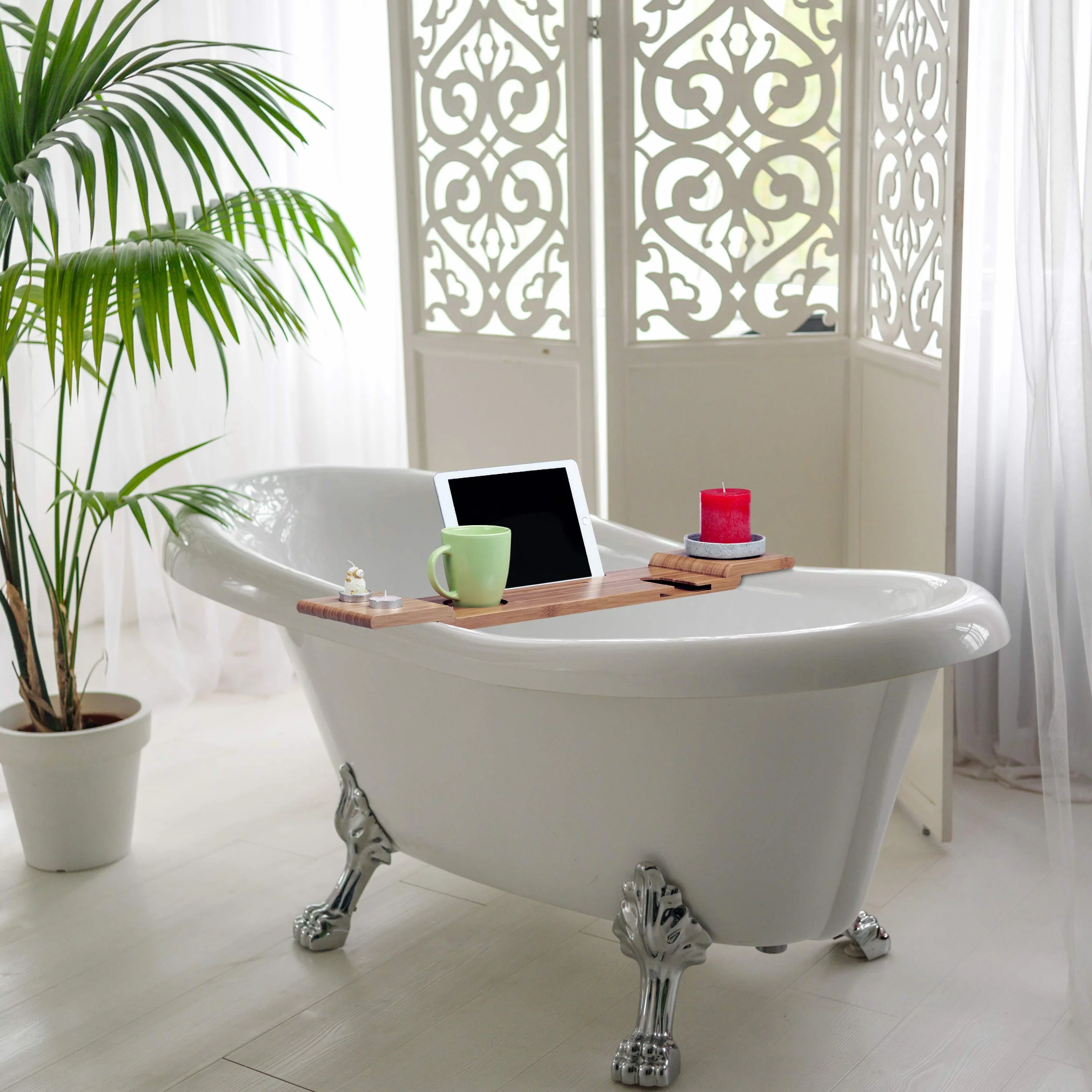 Relaxdays Pont de Baignoire Bambou 70cm Tablette de Salle de Bain Verre Portable