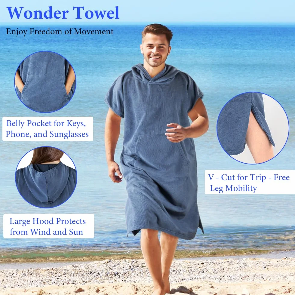 AUYAO Poncho de Plage Adulte, 110 * 78 cm Peignoir de Bain avec Poche pour Homme Femme, Peignoir Rapid Séchage et Léger, Serviette de Surf avec Capuche pour Plage Natation Plongée