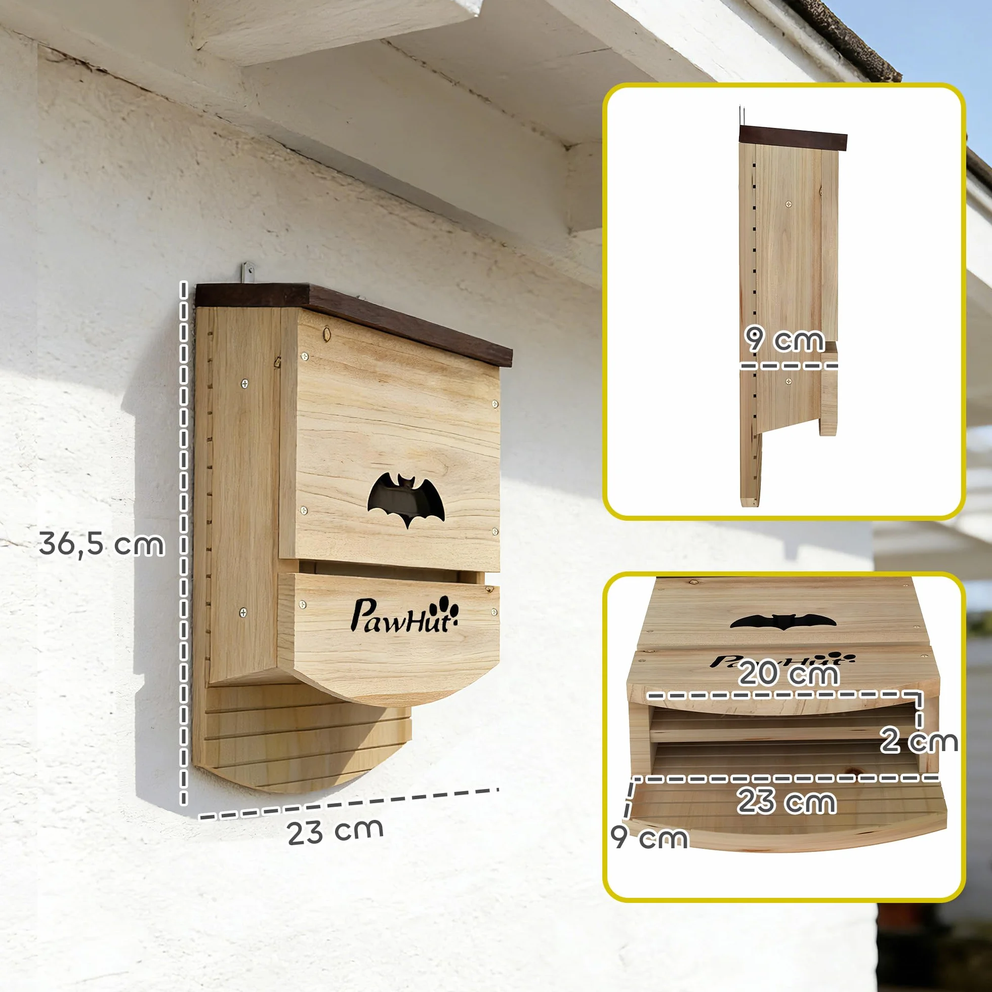PawHut Lot de 3 Nichoirs Chauve Souris en Bois avec Plateforme Rainurée, 23 x 9,5 x 36,5 cm