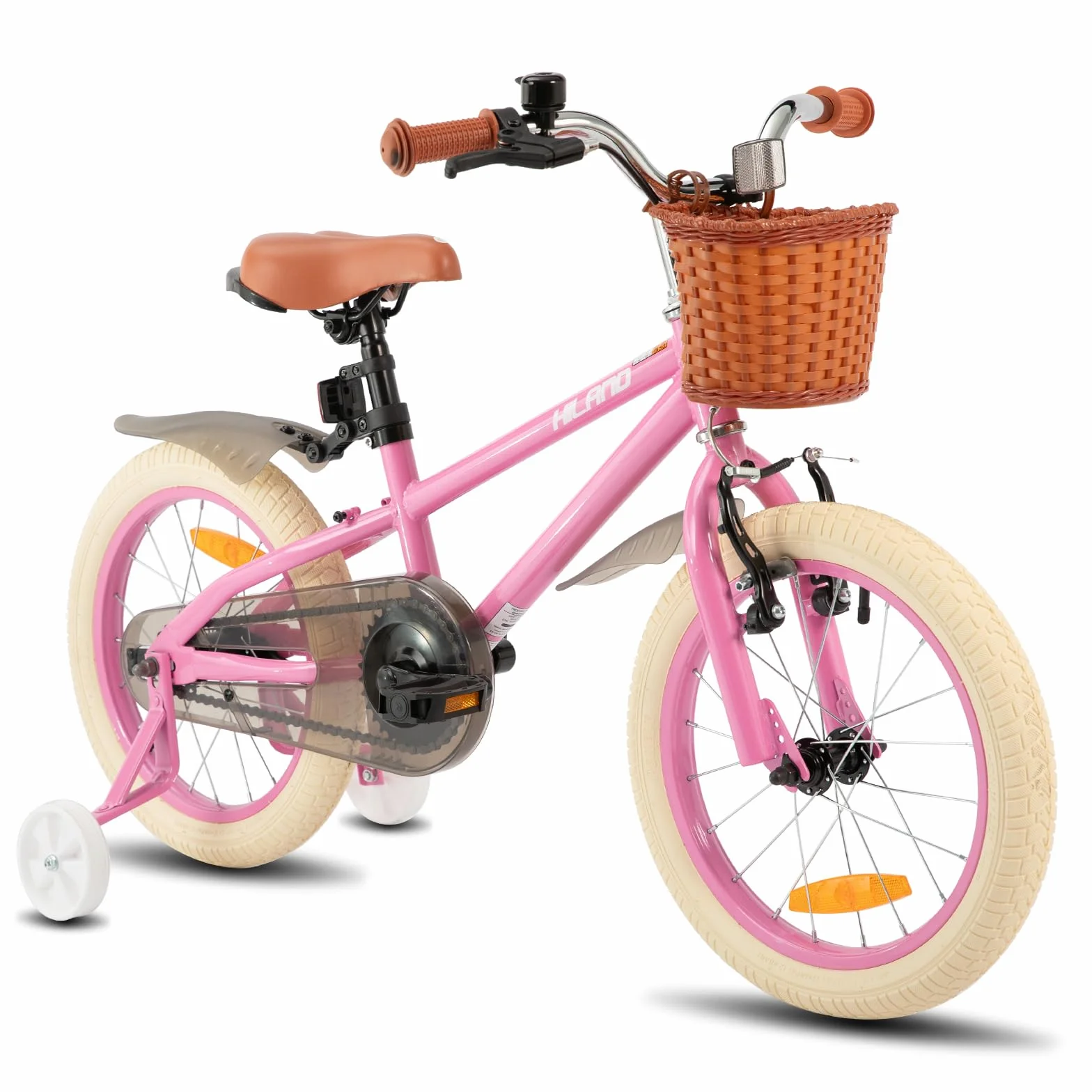 HILAND Vélo Enfant 14/16/18 Pouces pour Fille garçon 3 4 5 6 7 8 9 10 Ans avec Roues stabilisatrices, Frein à Main et Frein à rétropédalage Panier Vert/Rose