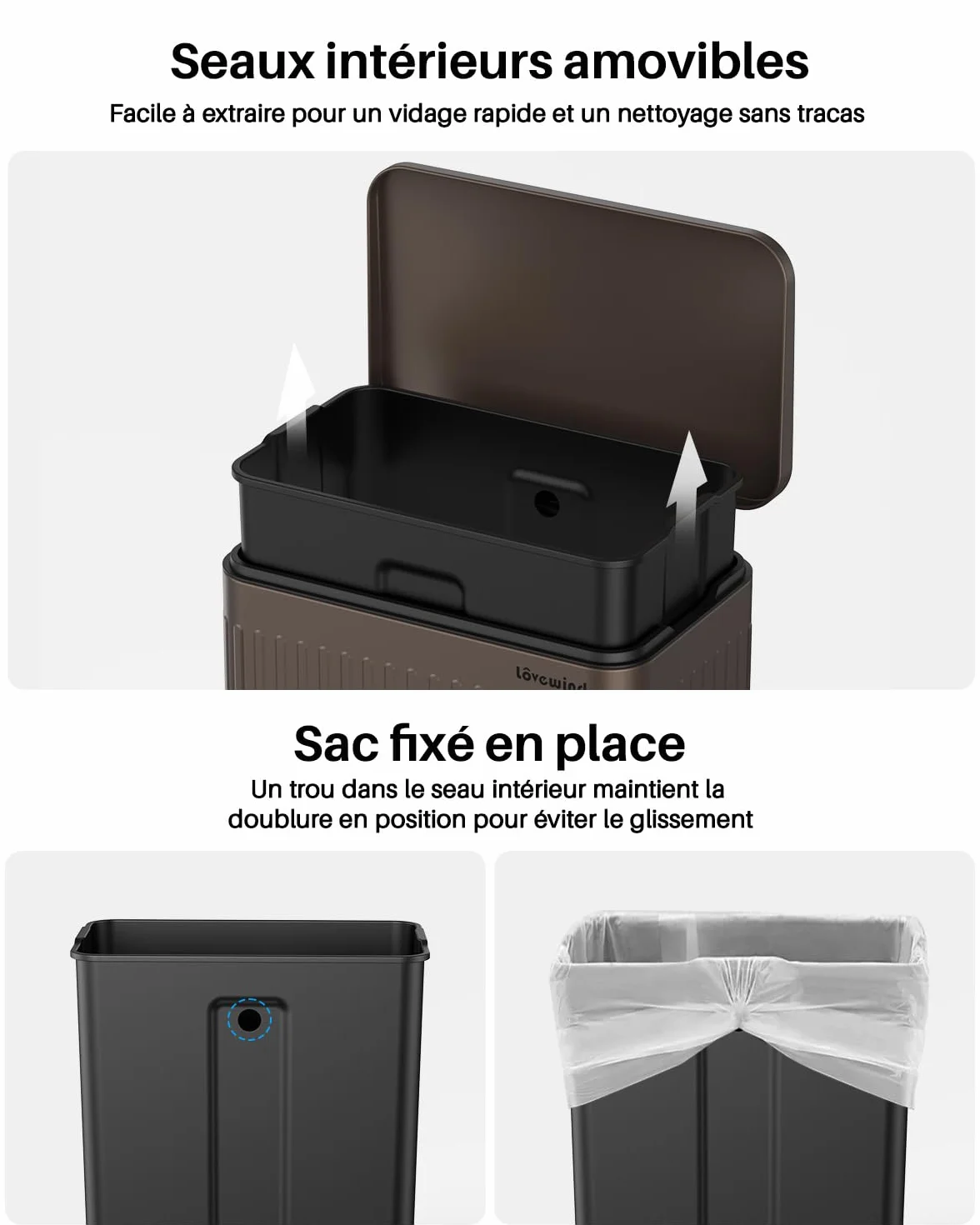 lovewind Poubelle 60L Inox Brun à Pédales, Couvercle Silencieux, Seau Intérieur avec Poignées
