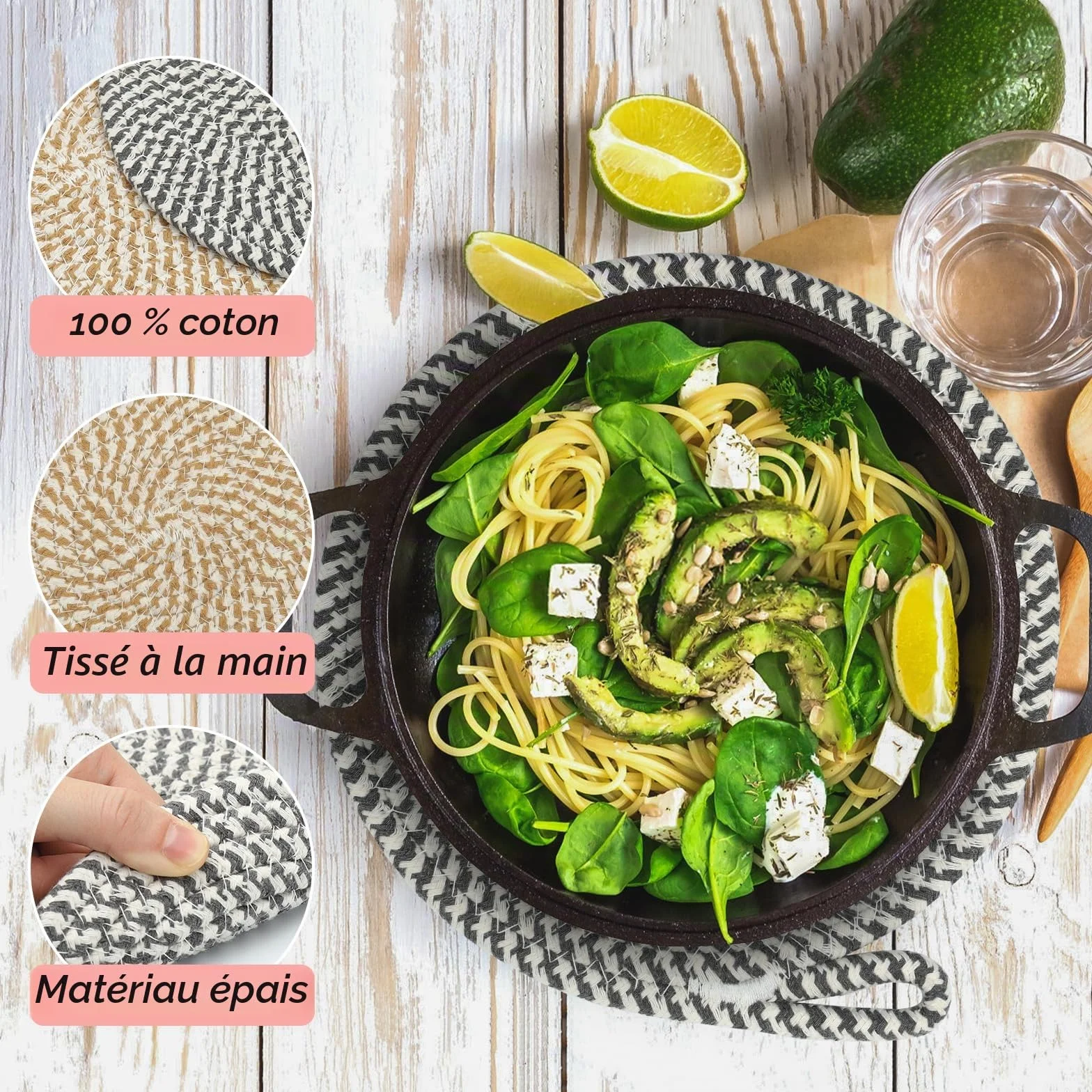 Dessous De Plat en Fil De Coton 20 cm Tressés Résistants à La Chaleur Lot De 6
