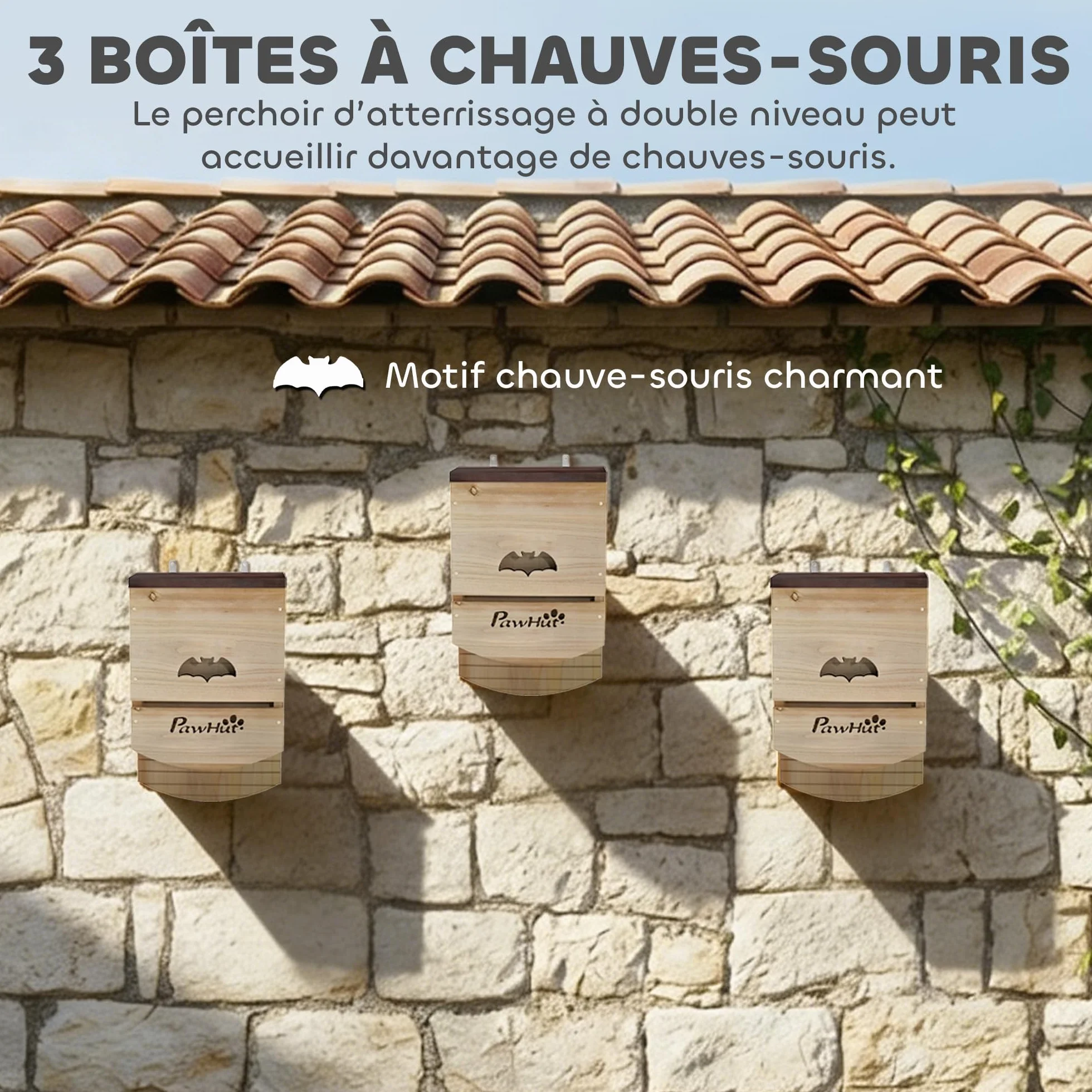 PawHut Lot de 3 Nichoirs Chauve Souris en Bois avec Plateforme Rainurée, 23 x 9,5 x 36,5 cm