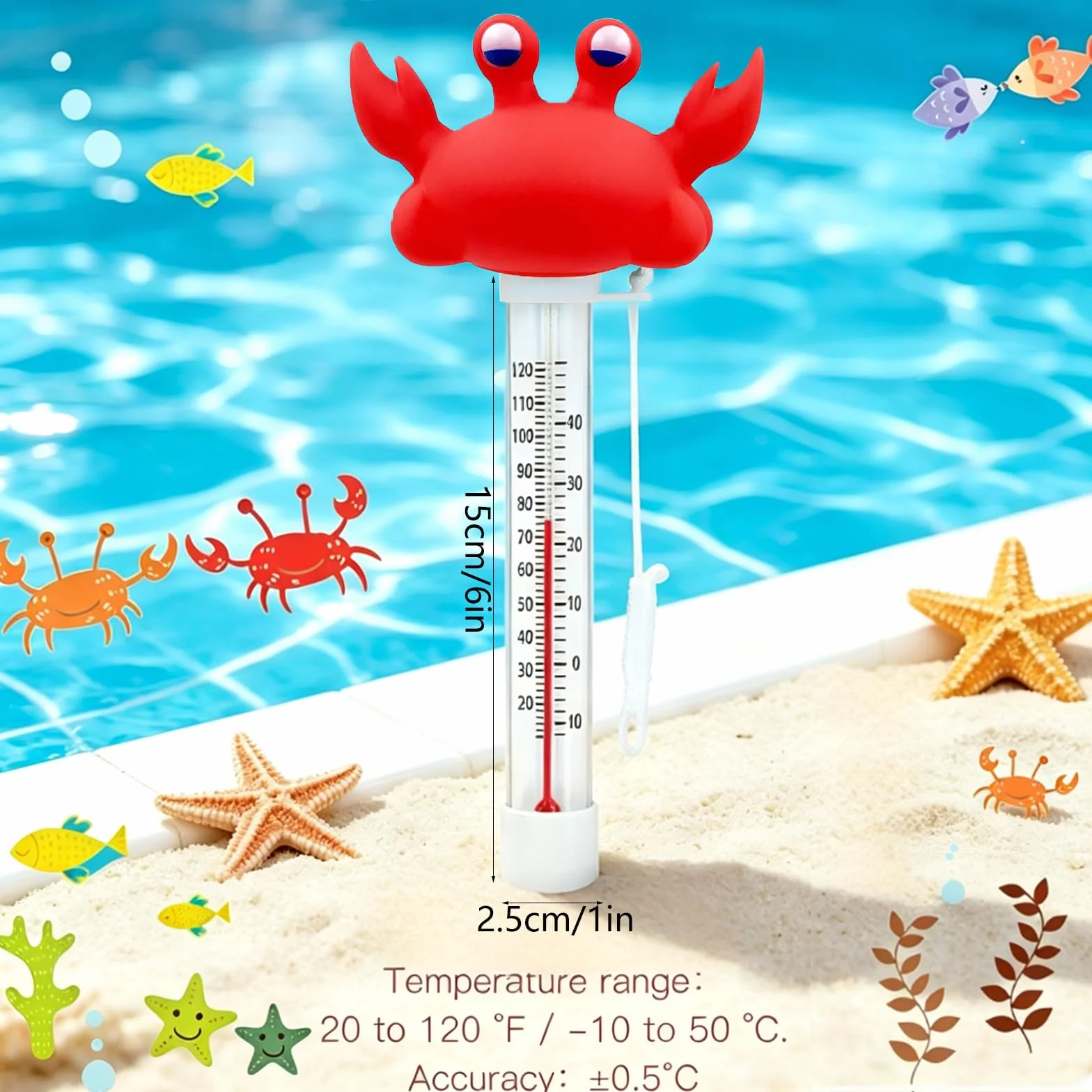 Thermomètre d'eau flottant piscine incassable cordon design cartoon crabe