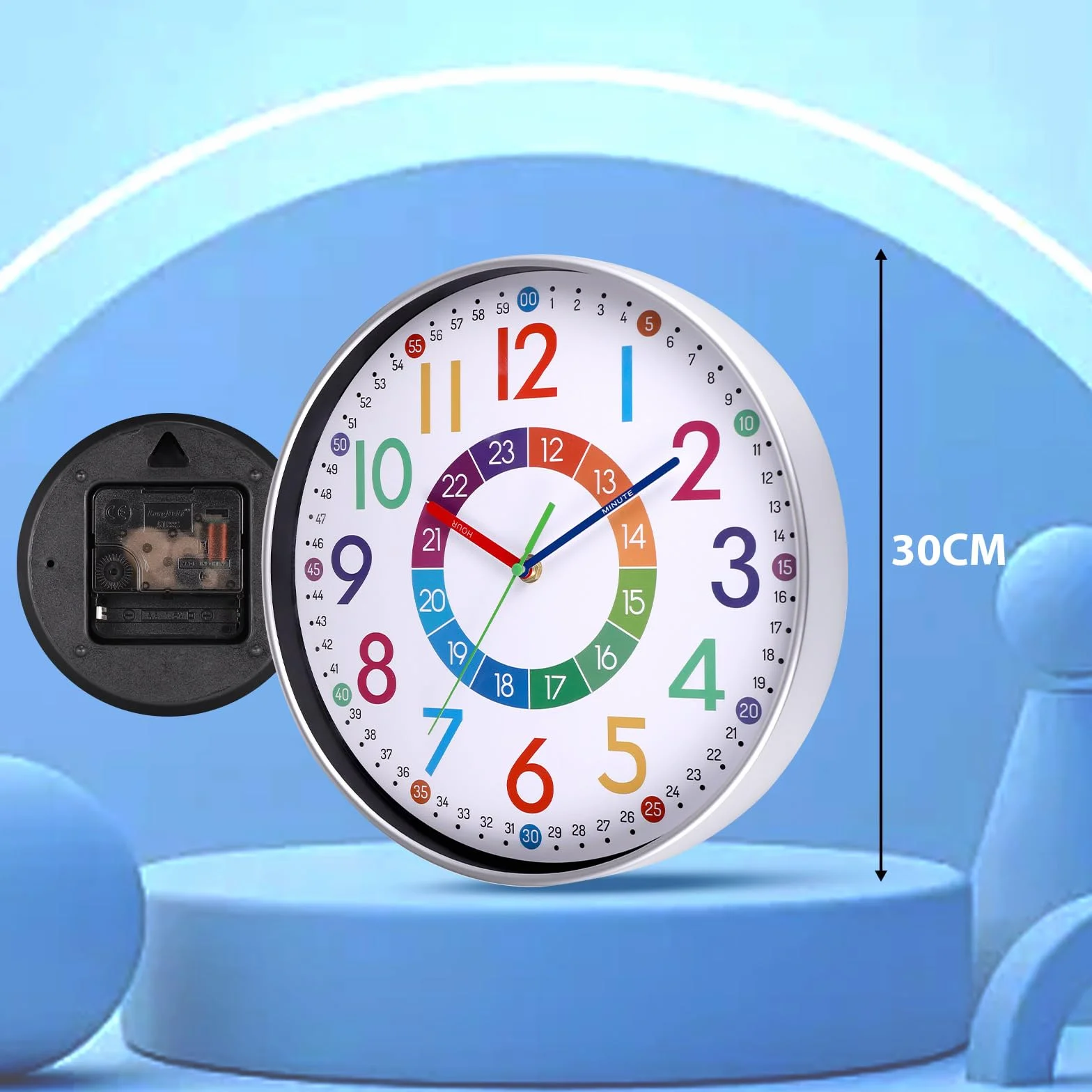 JIZZU Horloge Murale Apprentissage Enfants Ø 30cm Pendule Silencieuse Colorée 3D Chiffres Facile à Lire