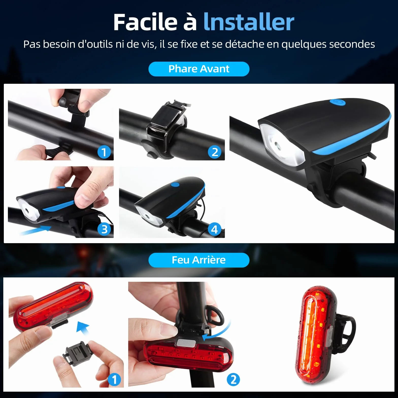 Lumiere Velo Avant et Arriere, Lampe Velo Rechargeable Type C, 3 Modes Phare Velo, 5 Modes Feu Arriere Velo, Lumière Velo Convient Tous Vélos & Conditions de Cyclisme