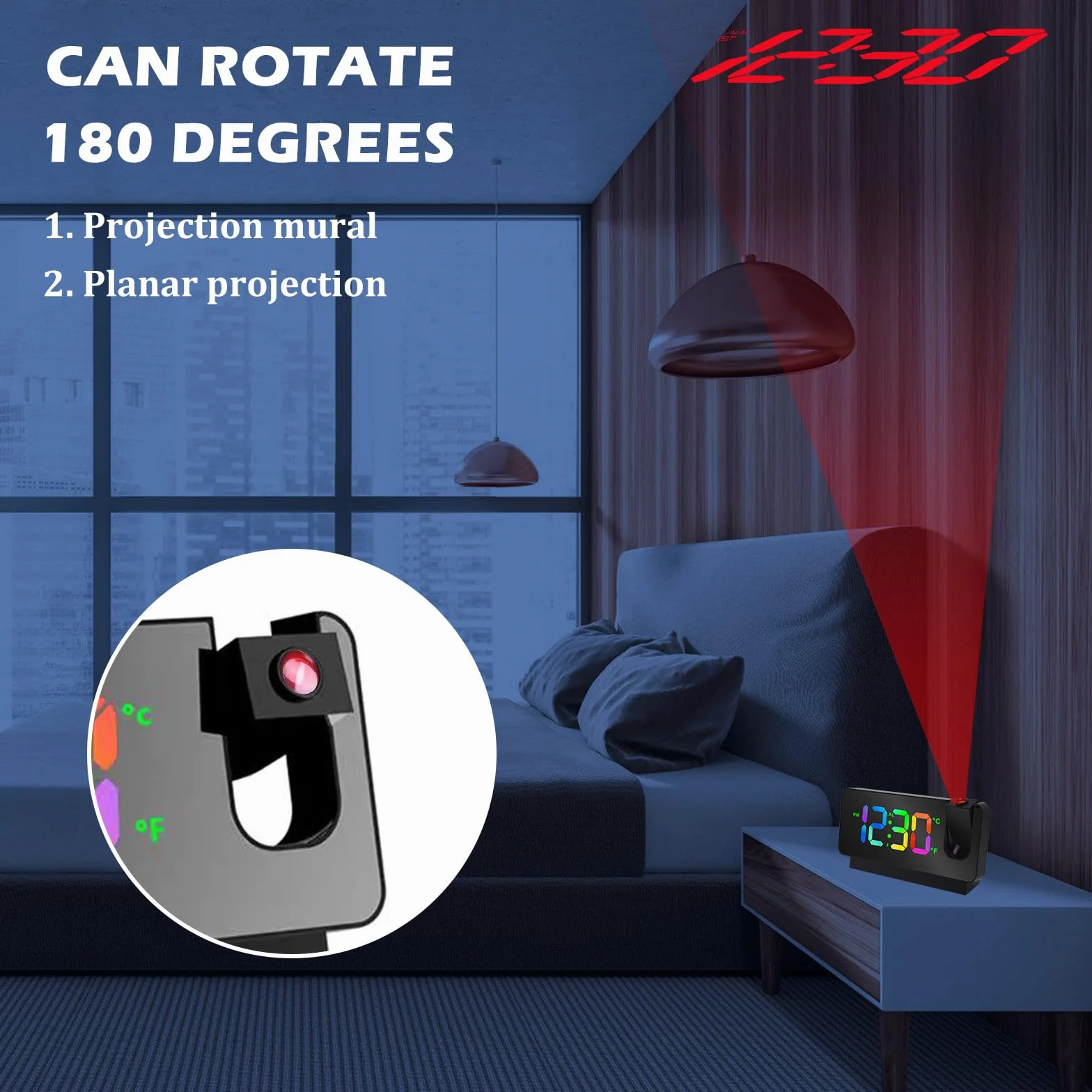 Réveil Projecteur Plafond Numérique LED 180° avec Snooze Température USB