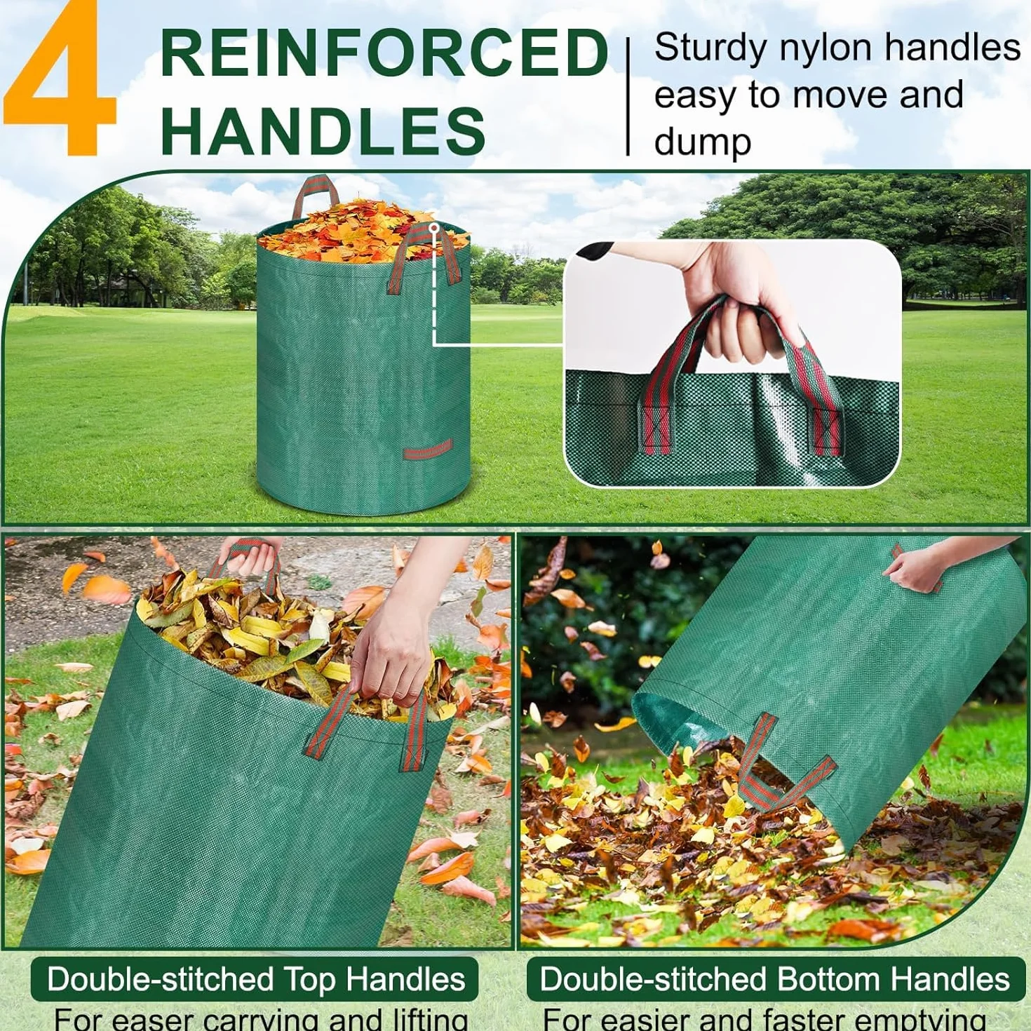 Sac Jardin 200L Vert Déchets Végétaux Pliable Réutilisable avec Poignées 3 Pièces