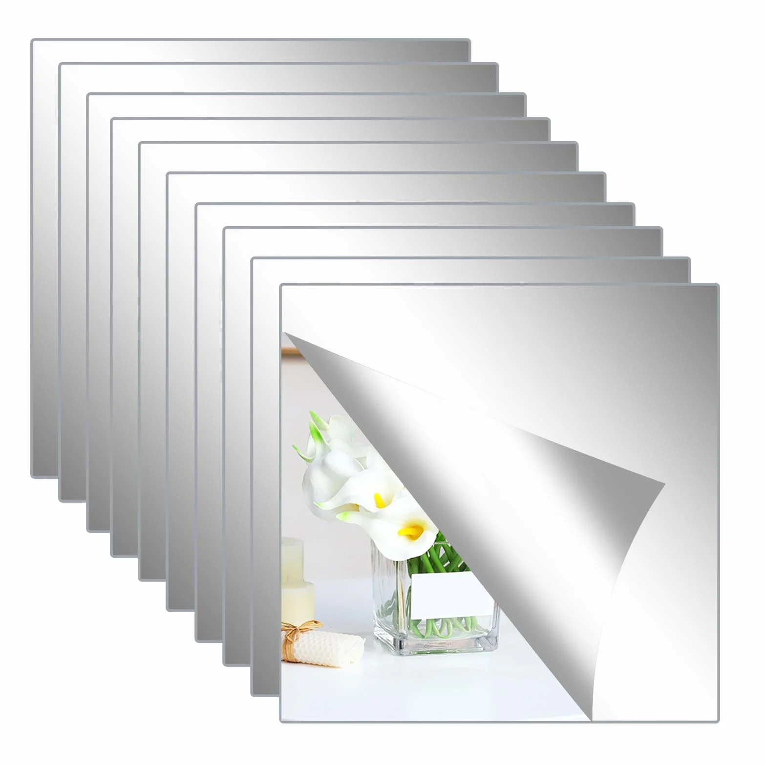 Miroir Adhesif Mural 20x20cm, Acrylique Miroir Autocollant Carrés Flexible Decoration Grand Mural 10 Pièces
