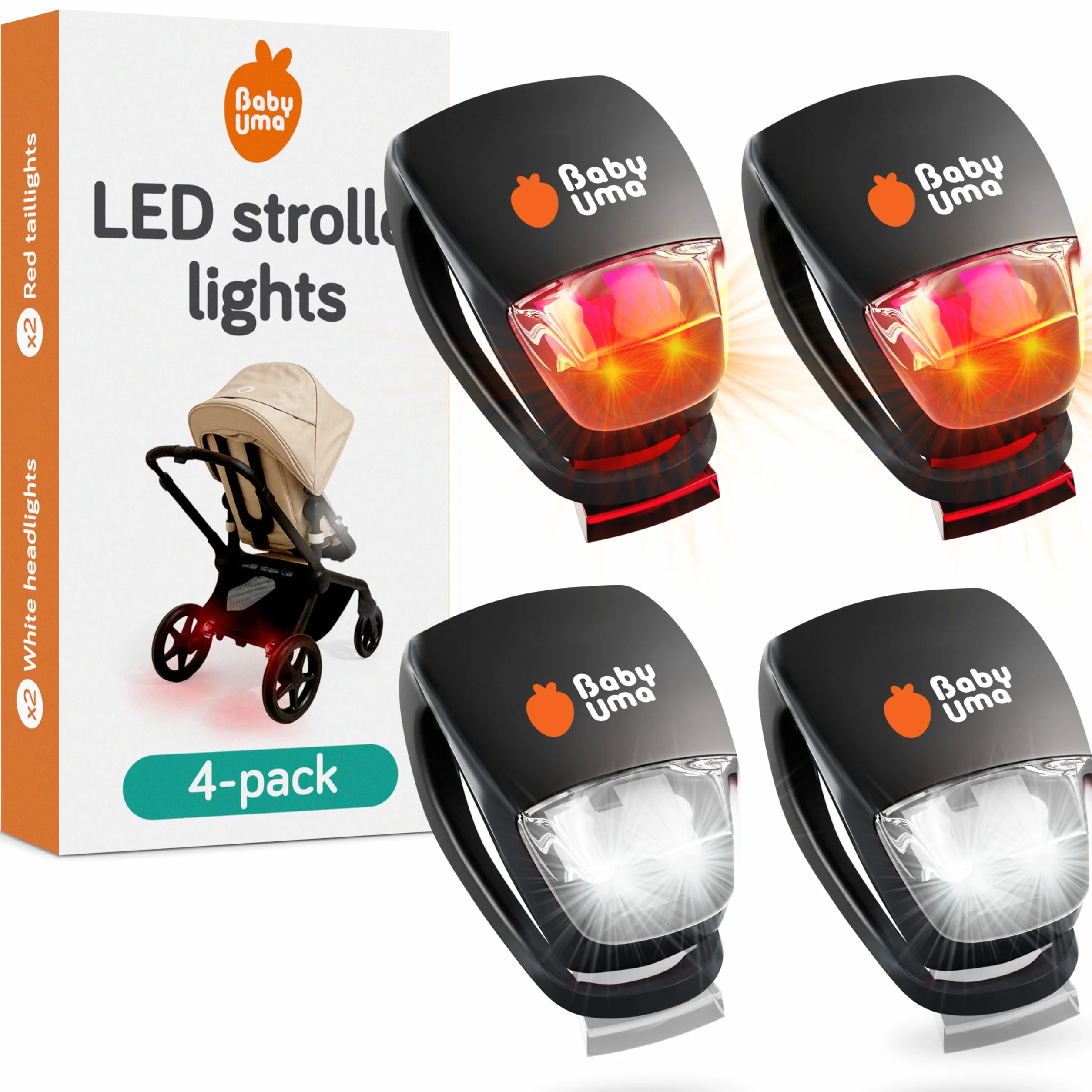 Baby Uma Lumières LED Poussette (Lot de 4) – Universelles avec 3 Modes (Fixe/Pulsation/Clignotant), Éclairage Avant & Arrière pour Poussette, Vélo et Trottinette