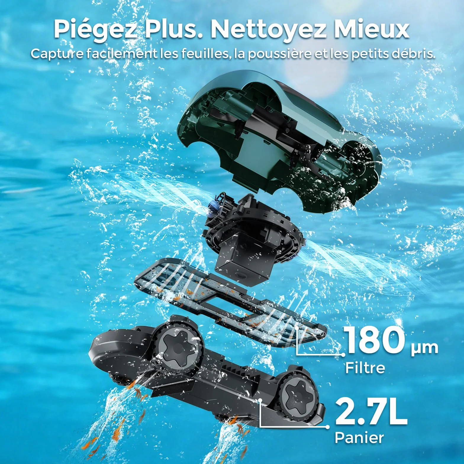Robot Piscine sans Fil 180 Min Autonomie Aspiration Puissante Navigation Intelligente Filtration Ultra-Fine Auto-Parking pour Piscines Hors Sol 200m²