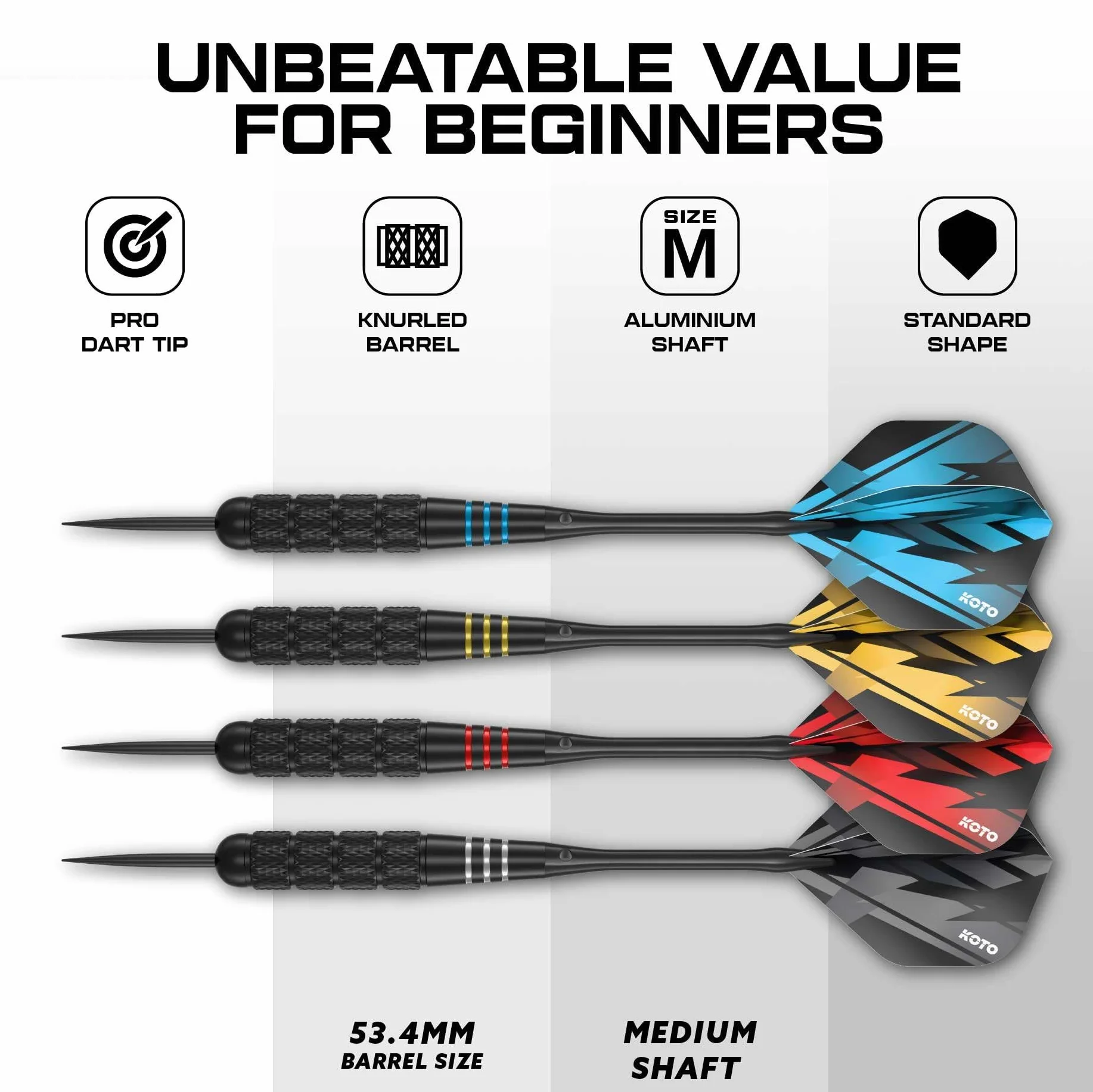 KOTO - Brass Multiset, 12 Darts Fléchettes en Laiton Revêtu Noir (23 G.), 4 Sets Flights (100 Microns), Shafts, Étui