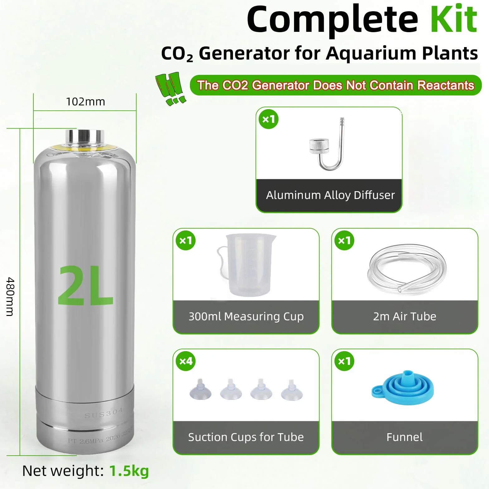 Butla CO2 2kg Stal Nierdzewna Zestaw Generatora CO2 Akwarium z Elektrozaworem